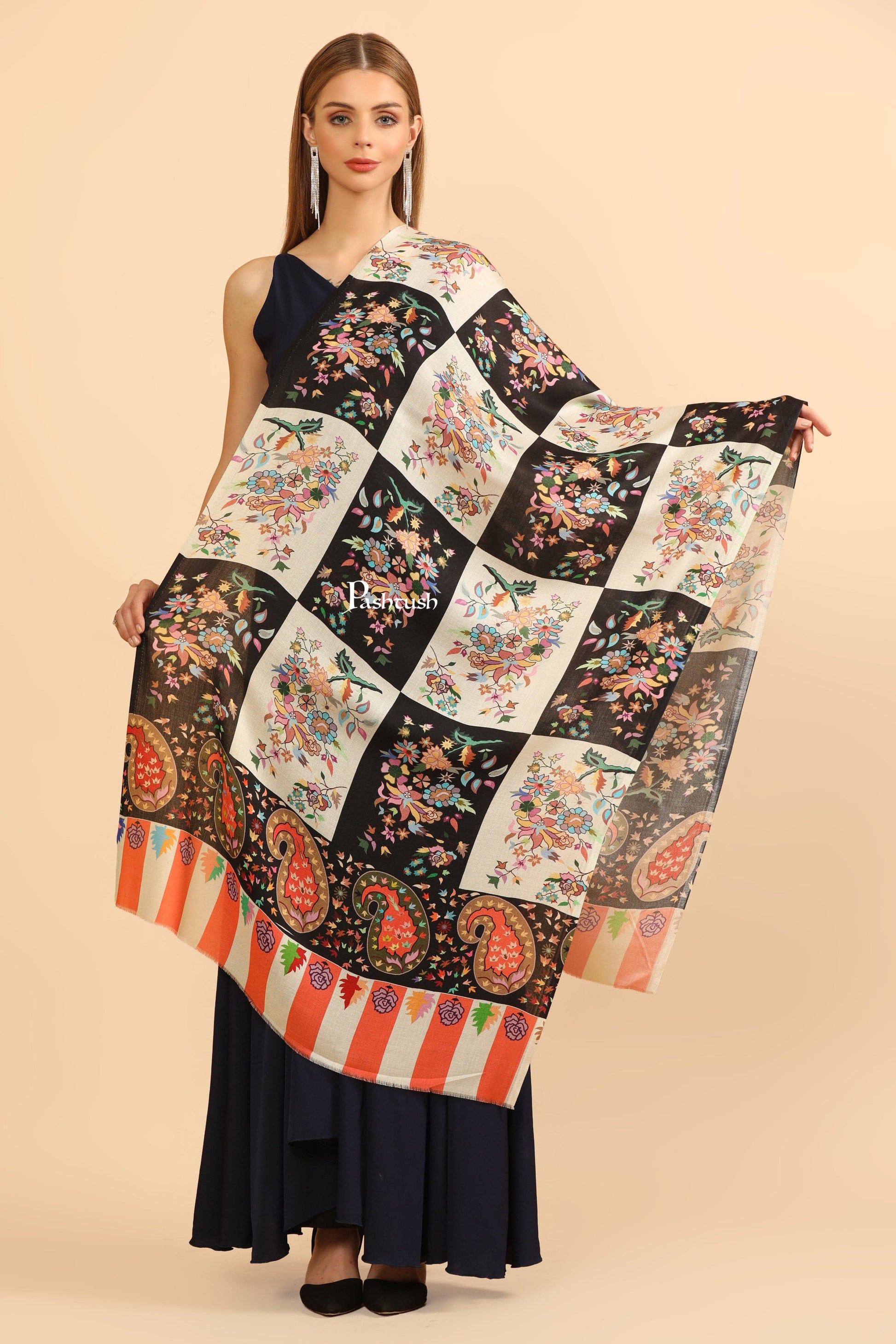 Pashtush India Womens Stoles Pashtush Womens Extra Soft Bamboo Stole, Printed Paisley Design, Multicolour