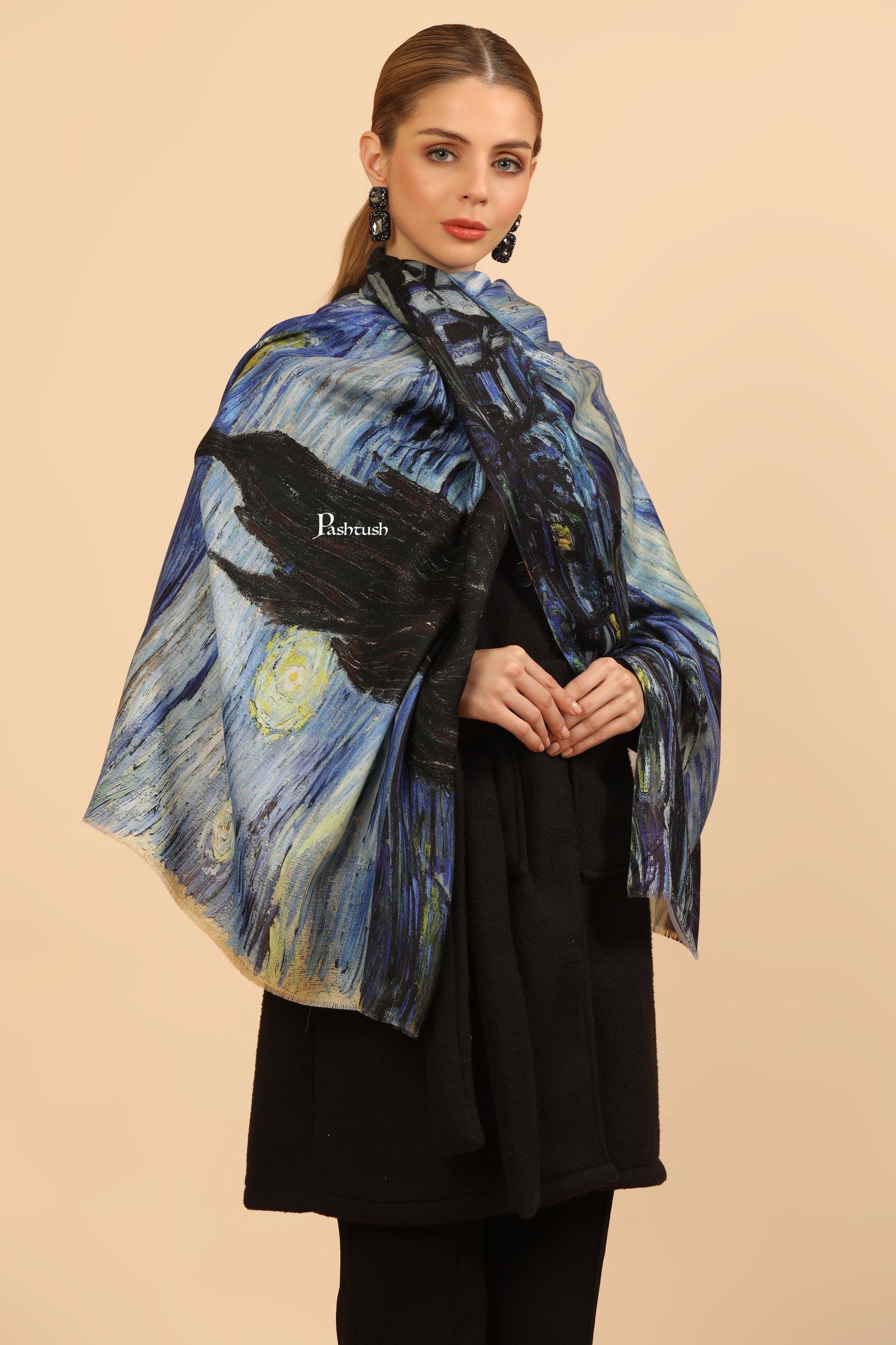 Pashtush India Womens Stoles and Scarves Scarf Pashtush Womens Extra Soft Bamboo Stole, Printed Starry Night Design, Multicolour