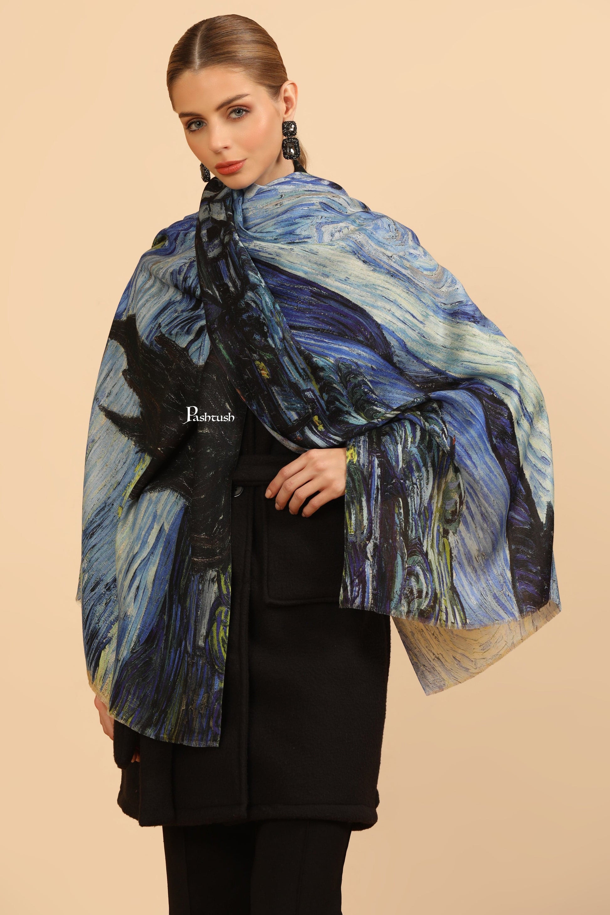 Pashtush India Womens Stoles and Scarves Scarf Pashtush Womens Extra Soft Bamboo Stole, Printed Starry Night Design, Multicolour