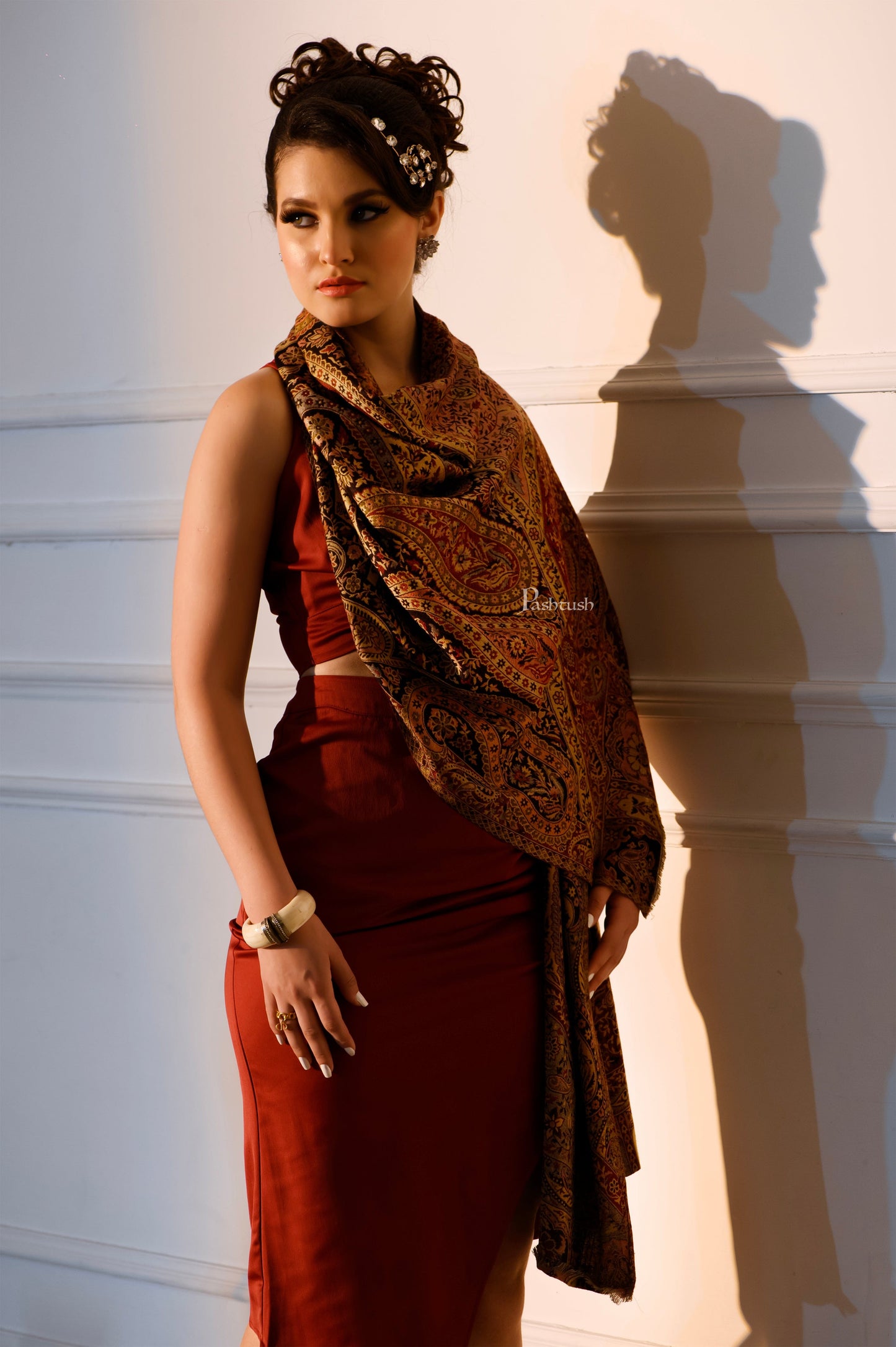 Pashtush India Womens Stoles and Scarves Scarf Pashtush Womens Extra Soft Bamboo Stole, Reversible Ethnic Weave Design, Multicolour