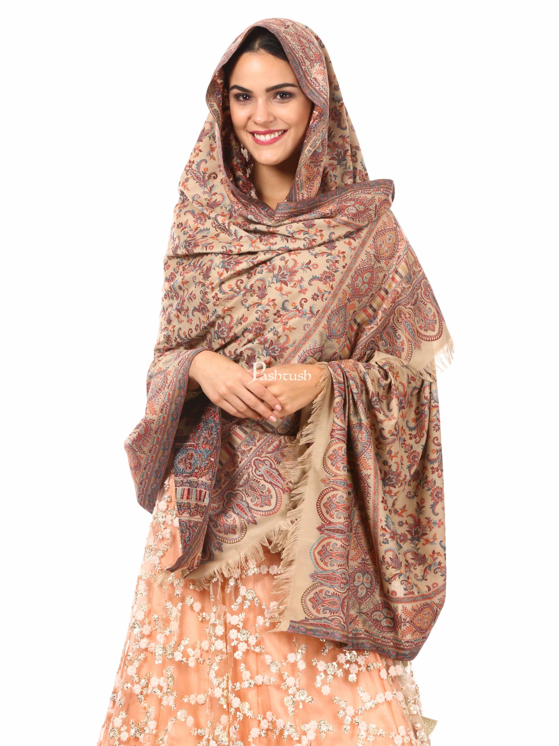 Pashtush India Womens Shawls Pashtush Womens Faux Pashmina, Ethnic Weave Shawl, Beige