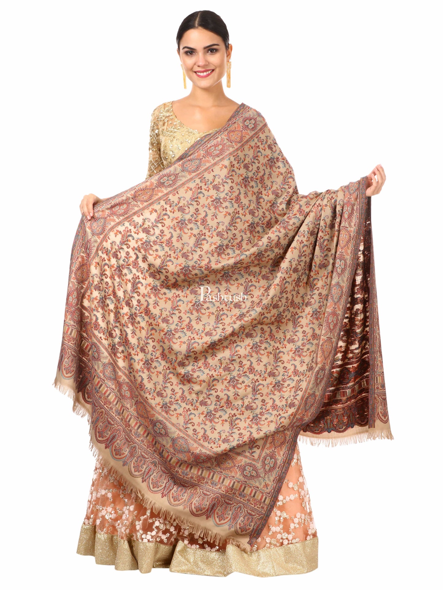 Pashtush India Womens Shawls Pashtush Womens Faux Pashmina, Ethnic Weave Shawl, Beige