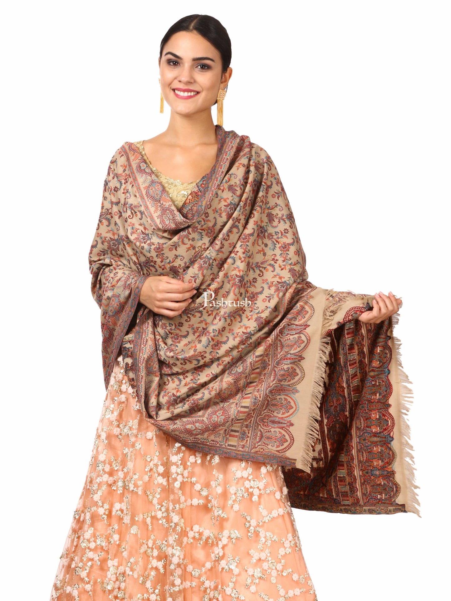Pashtush India Womens Shawls Pashtush Womens Faux Pashmina, Ethnic Weave Shawl, Beige