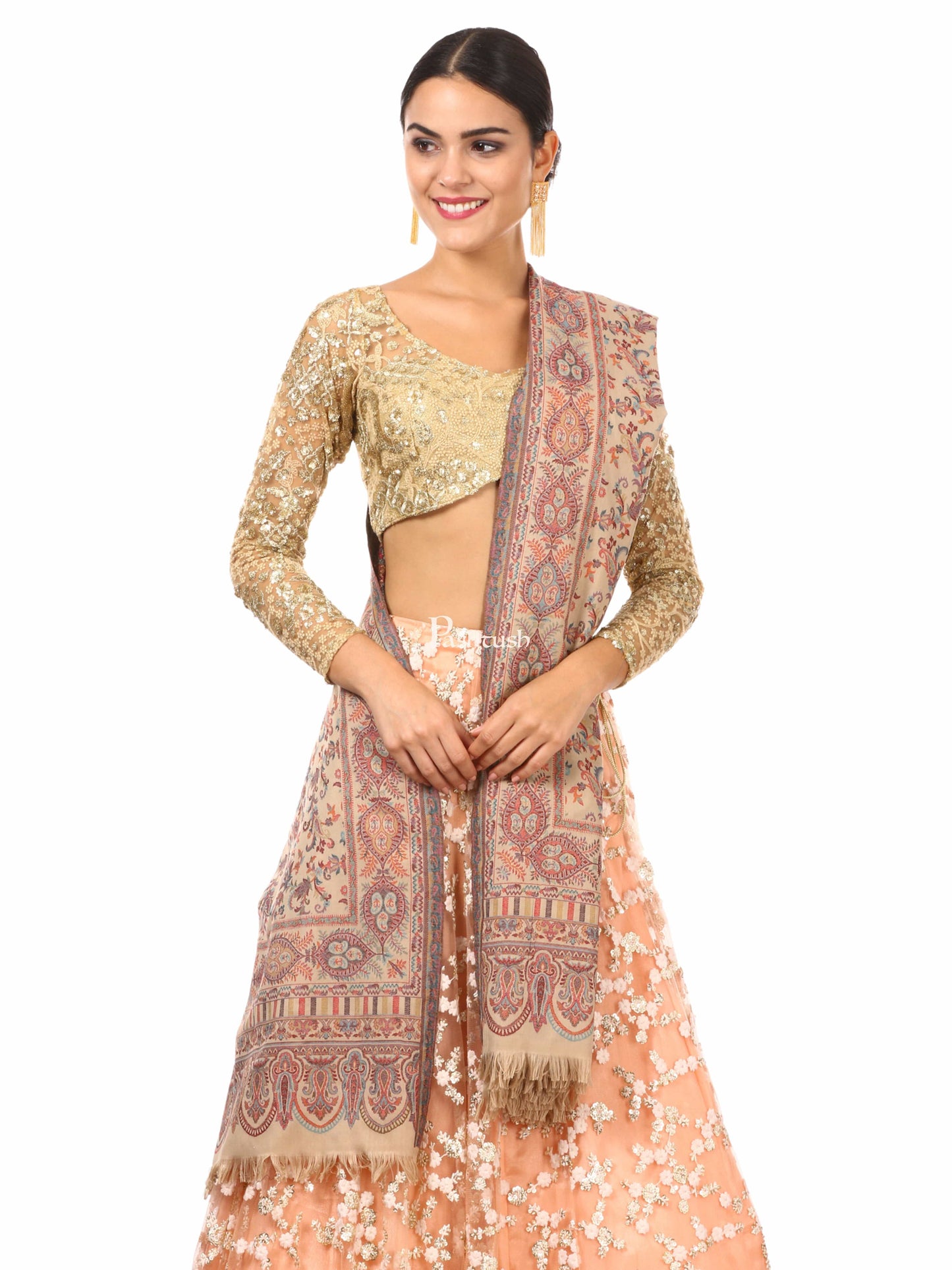 Pashtush India Womens Shawls Pashtush Womens Faux Pashmina, Ethnic Weave Shawl, Beige