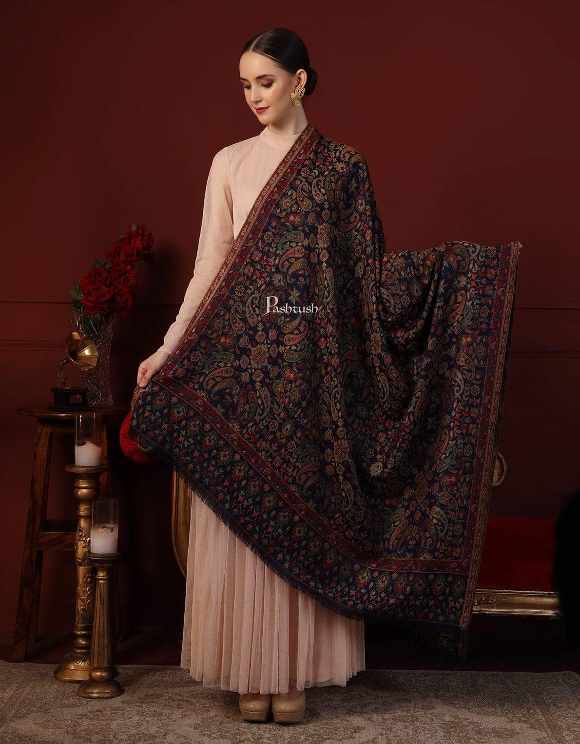 Pashtush India 100x200 Pashtush Womens Faux Pashmina, Kaani Weave Shawl, Navy Blue