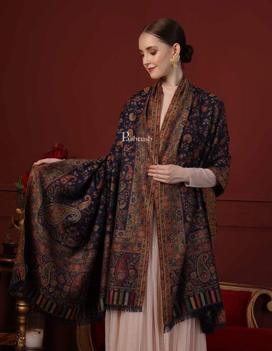 Pashtush India 100x200 Pashtush Womens Faux Pashmina Kaani Weave Shawl, Navy Blue