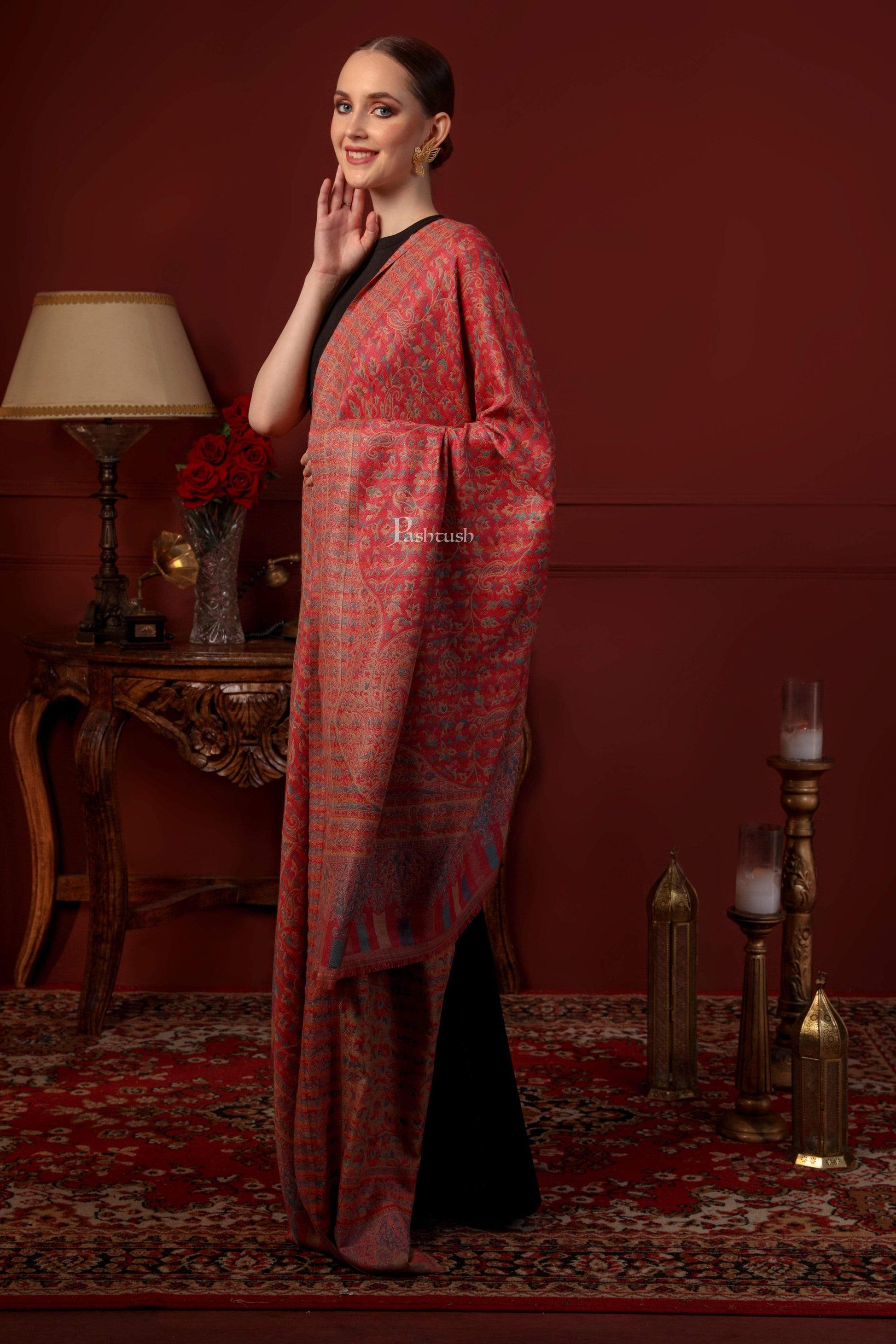 Pashtush India 100x200 Pashtush Womens Faux Pashmina Pink and Beige Jamawar Shawl