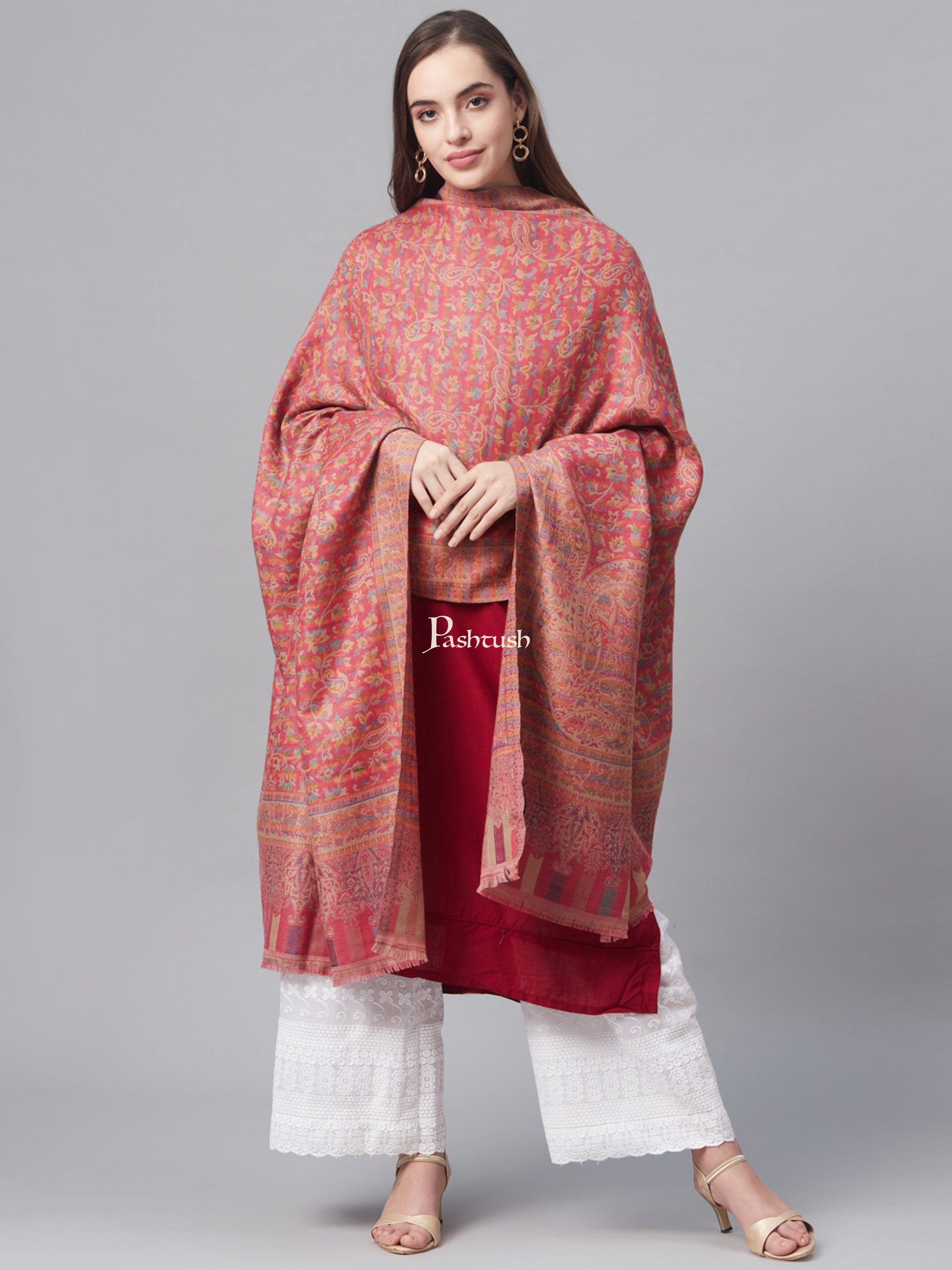 Pashtush India Womens Shawls Pashtush Womens Faux Pashmina Pink And Beige Jamawar Shawl