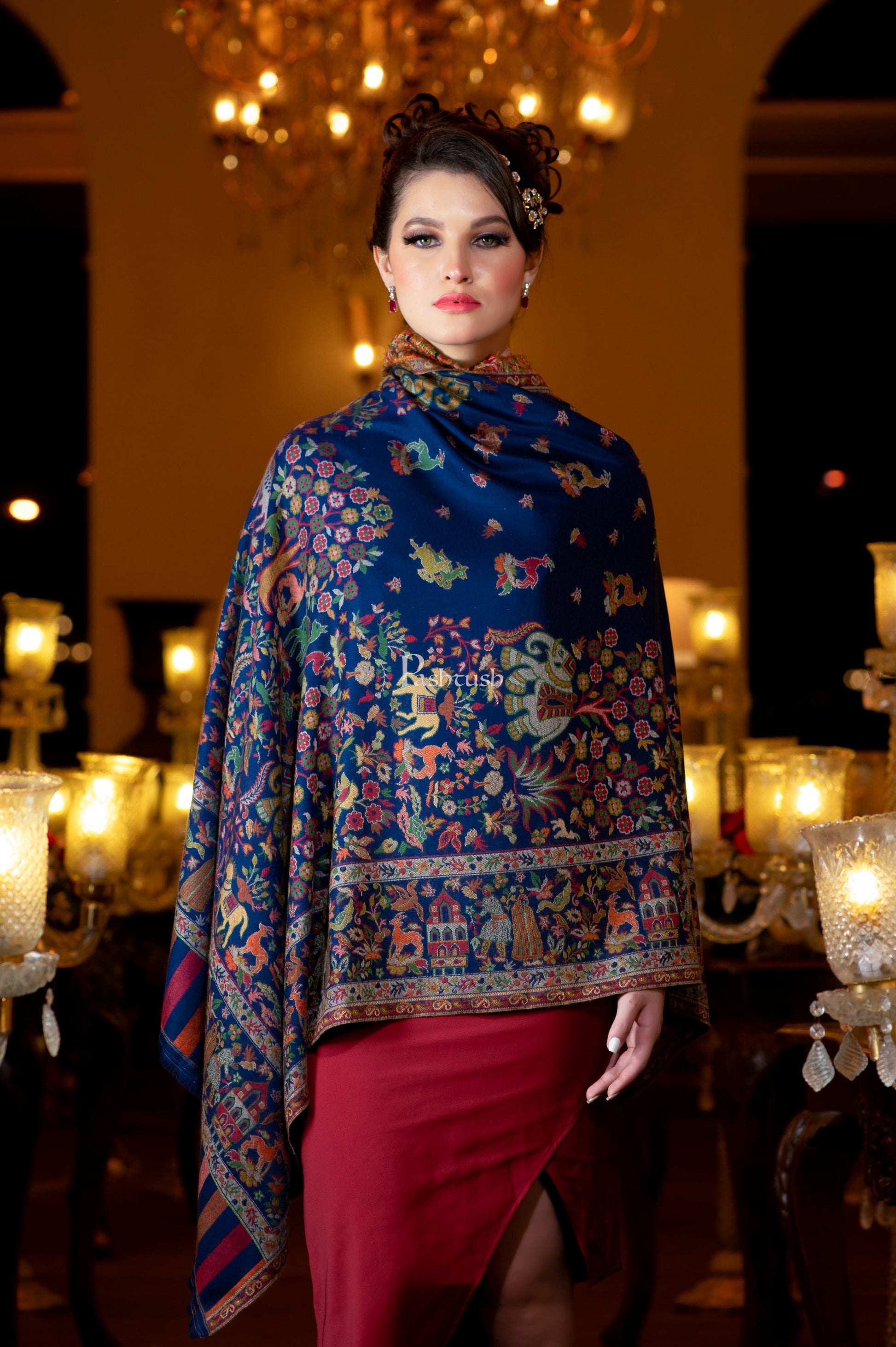 Pashtush India Womens Shawls Pashtush Womens Faux Pashmina, Royal Bagh Design, Blue