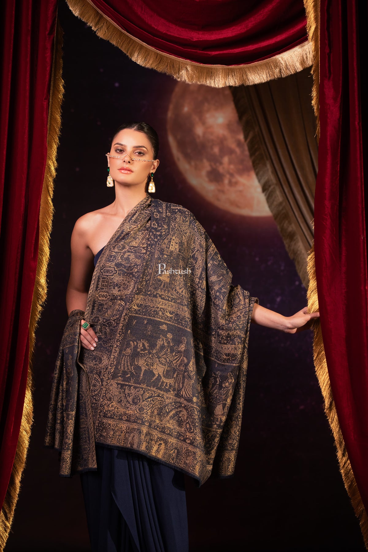 Pashtush India Womens Shawls Pashtush Womens Faux Pashmina Shawl, Darbar Design, Navy Blue