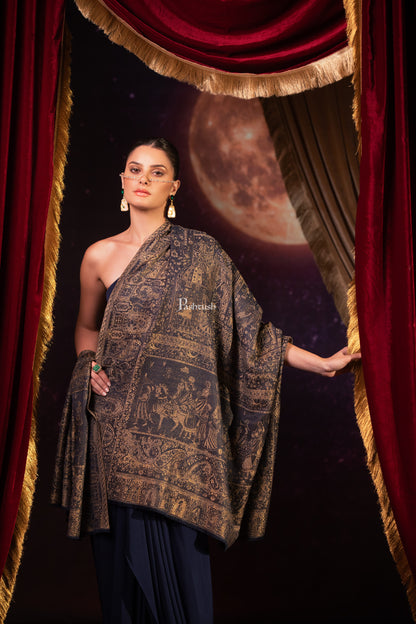 Pashtush India Womens Shawls Pashtush Womens Faux Pashmina Shawl, Darbar Design, Navy Blue