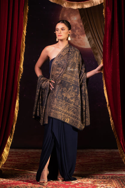 Pashtush India Womens Shawls Pashtush Womens Faux Pashmina Shawl, Darbar Design, Navy Blue