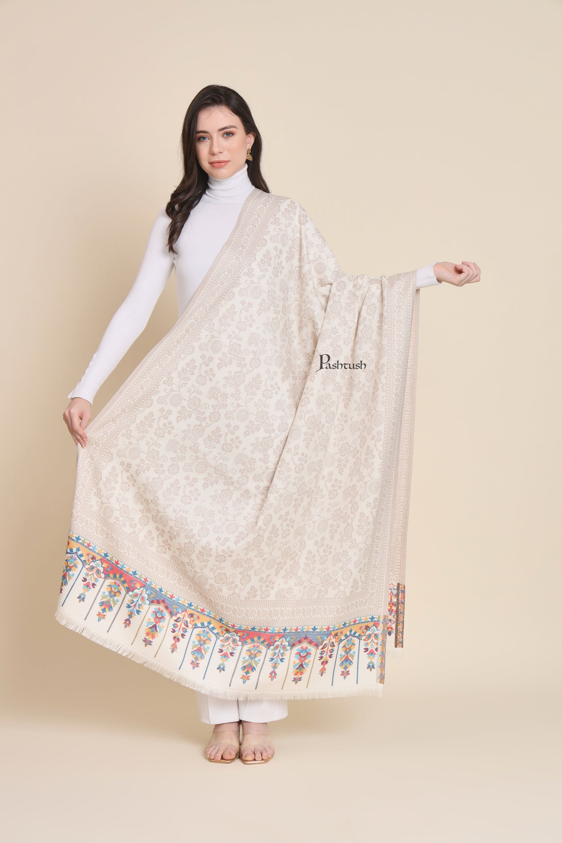 Pashtush India Womens Shawls Pashtush Womens Faux Pashmina Shawl,  Design, Ivory