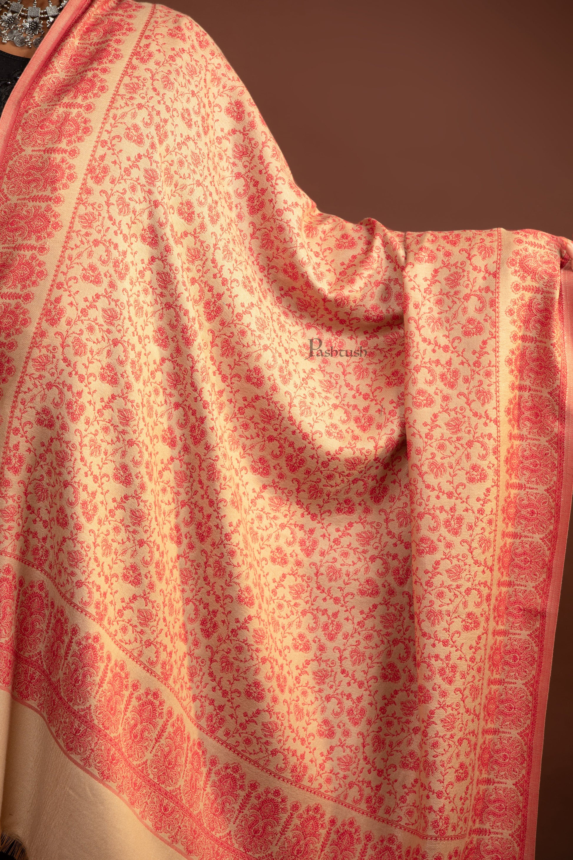 Pashtush India Womens Shawls Pashtush Womens Faux Pashmina Shawl, Ethnic  Weave Design, Beige And Red