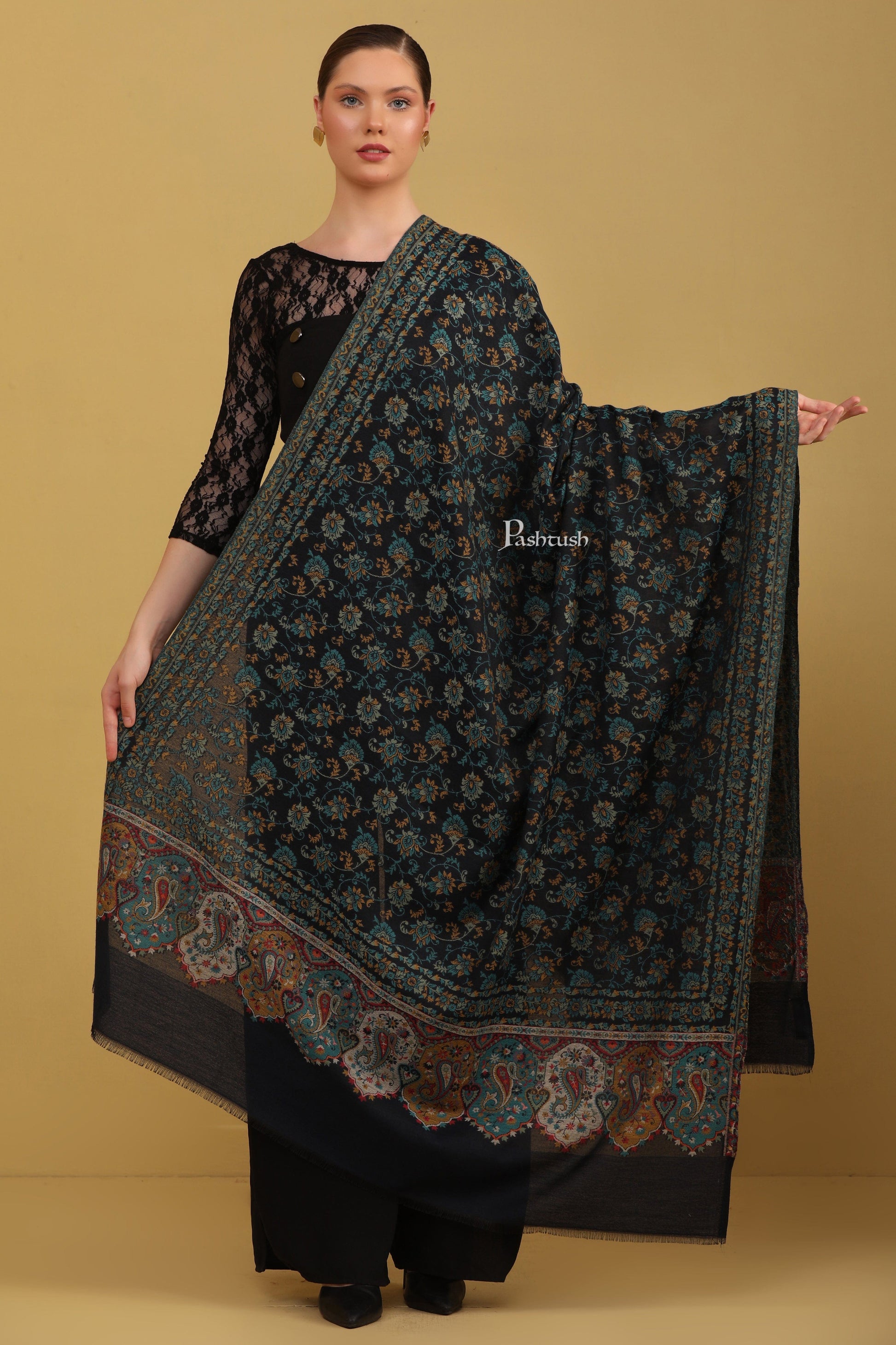 Pashtush India Womens Shawls Pashtush Womens Faux Pashmina Shawl, Ethnic Weave Design, Blue