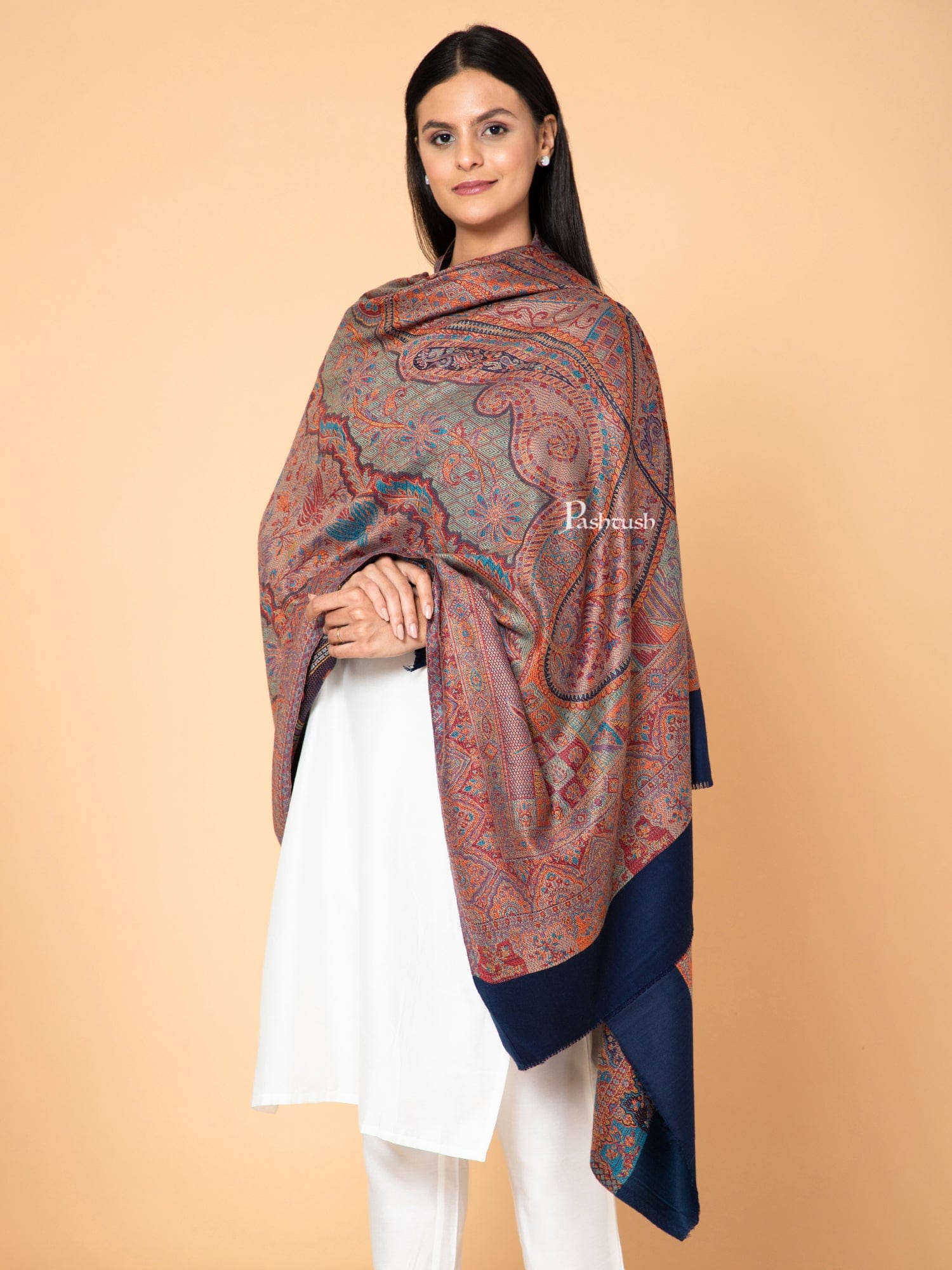 Pashtush India Womens Shawls Pashtush Womens Faux Pashmina Shawl, Ethnic Weave Design, Blue