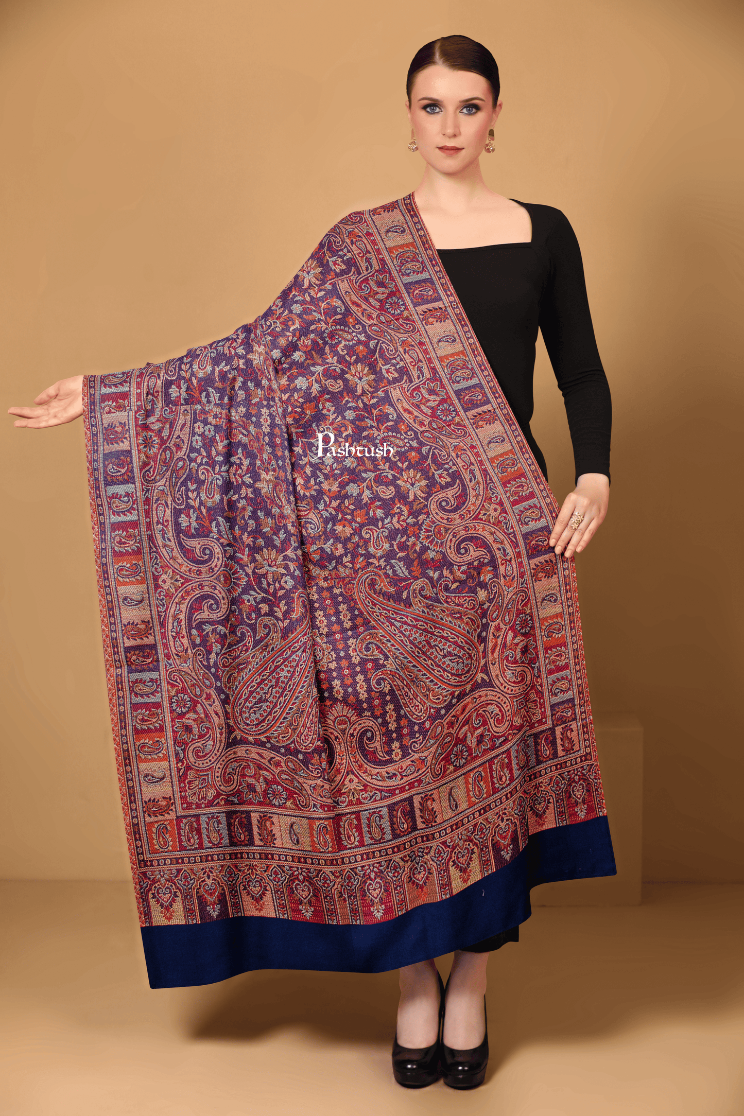 Pashtush India Womens Shawls Pashtush Womens Faux Pashmina Shawl, Ethnic Weave Design, Navy Blue