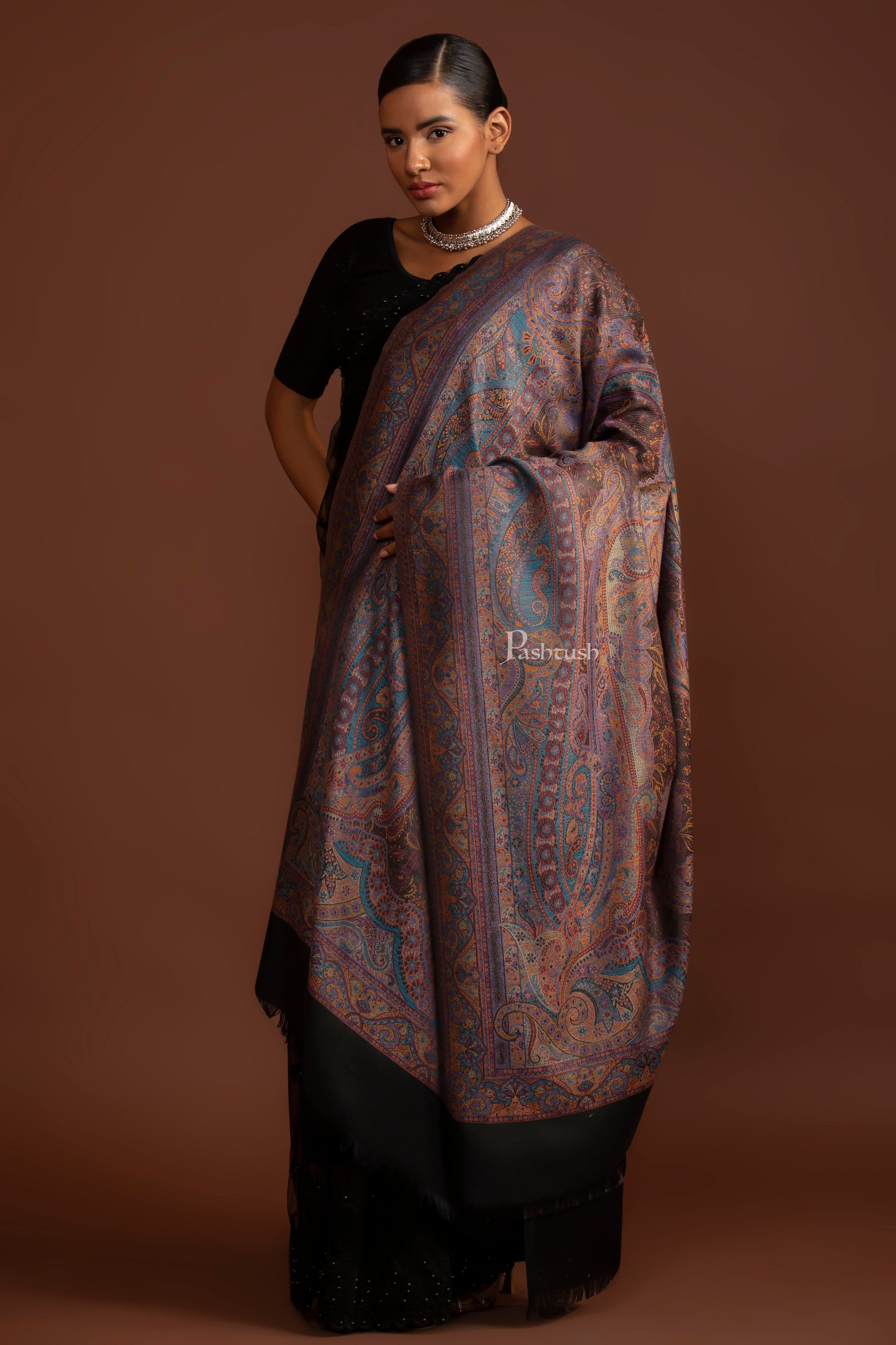 Pashtush India Womens Shawls Pashtush Womens Faux Pashmina Shawl, Ethnic Weave Jamawar Design, Black