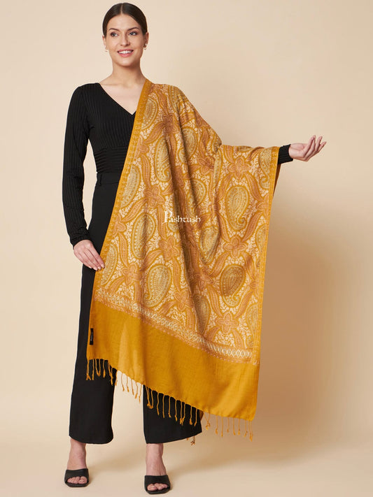 Pashtush India Womens Shawls Pashtush Womens Faux Pashmina Shawl, Fine Two Tone Nalki Embroidery Design, Mustard
