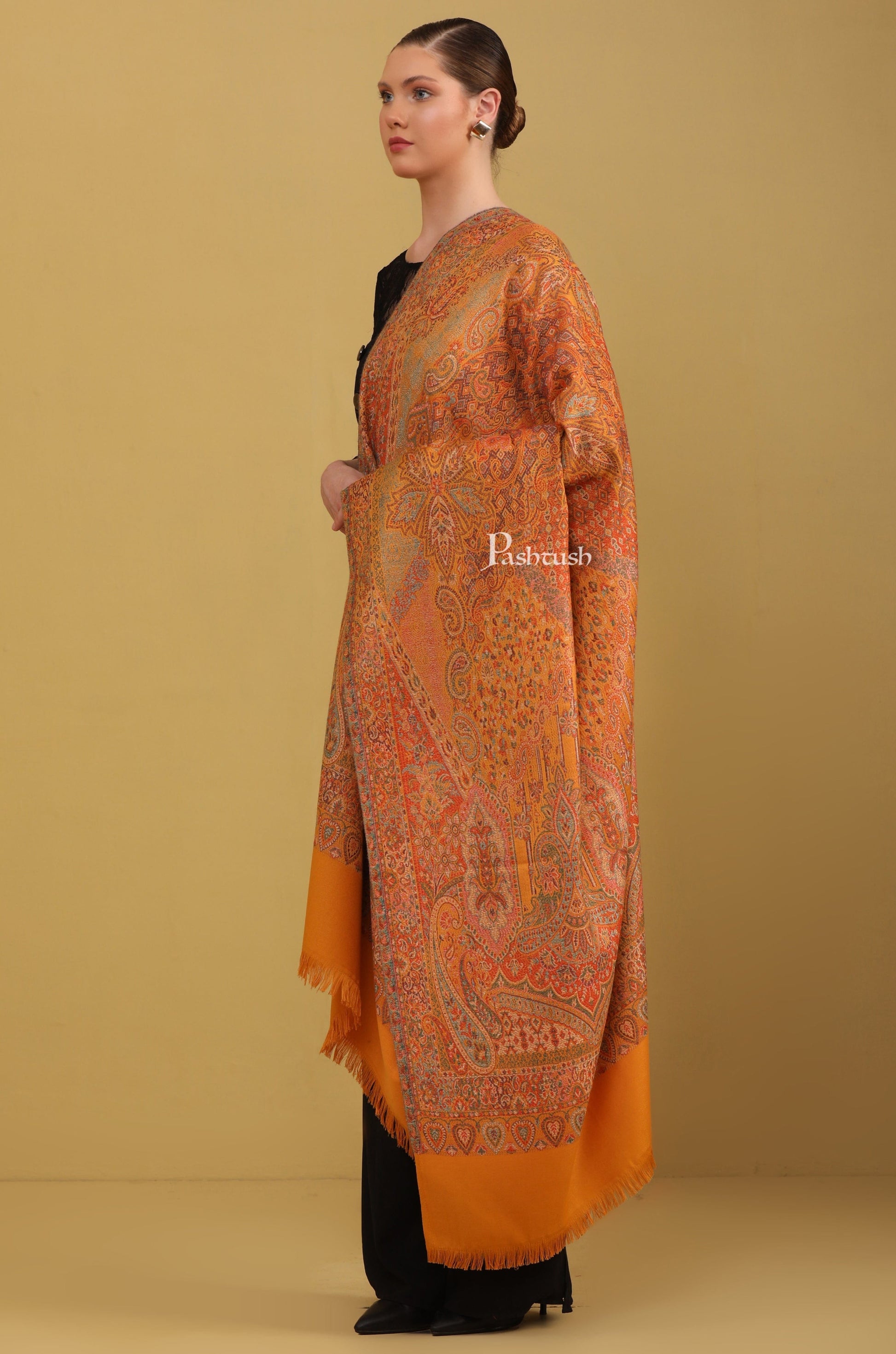 Pashtush India Womens Shawls Pashtush Womens Faux Pashmina Shawl, Jamawar Design, Mustard