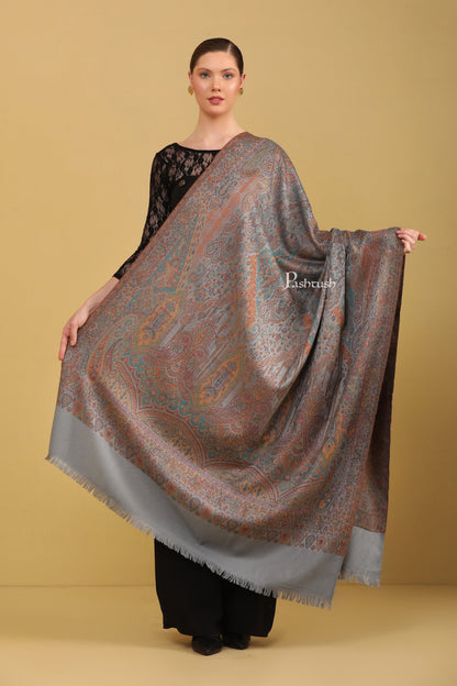 Pashtush India Womens Shawls Pashtush Womens Faux Pashmina Shawl, Jamawar Design, Slate Grey