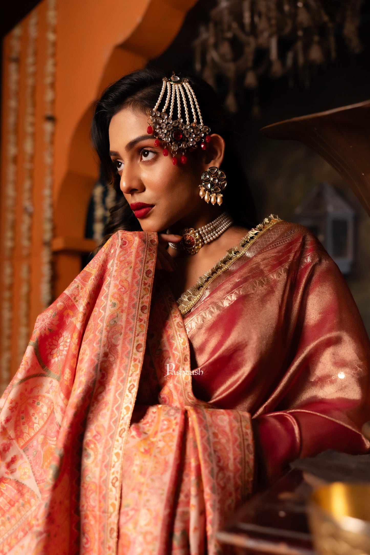 Pashtush India Womens Shawls Pashtush Womens Faux Pashmina Shawl, Pailsey Weave Design, Peach