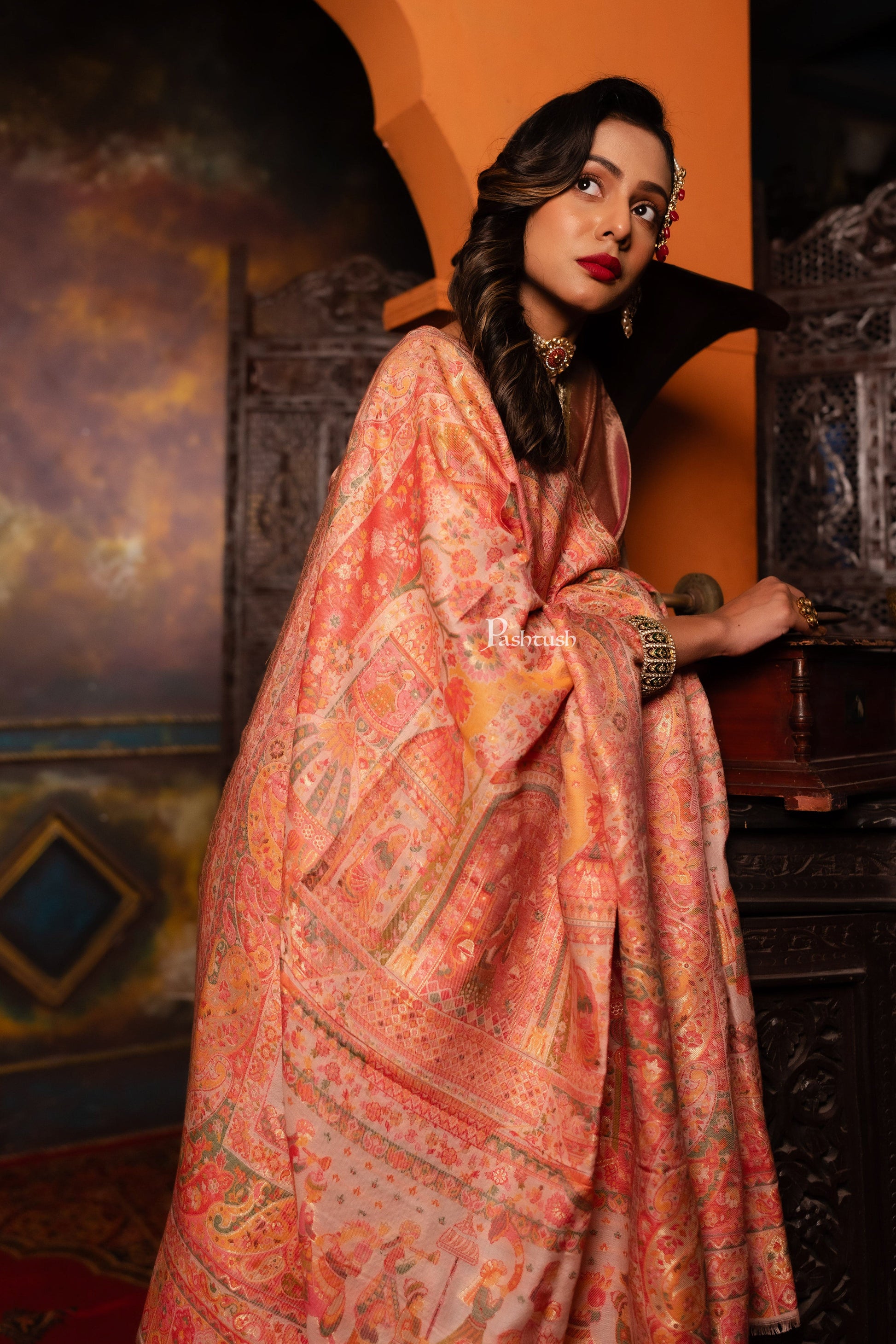 Pashtush India Womens Shawls Pashtush Womens Faux Pashmina Shawl, Pailsey Weave Design, Peach
