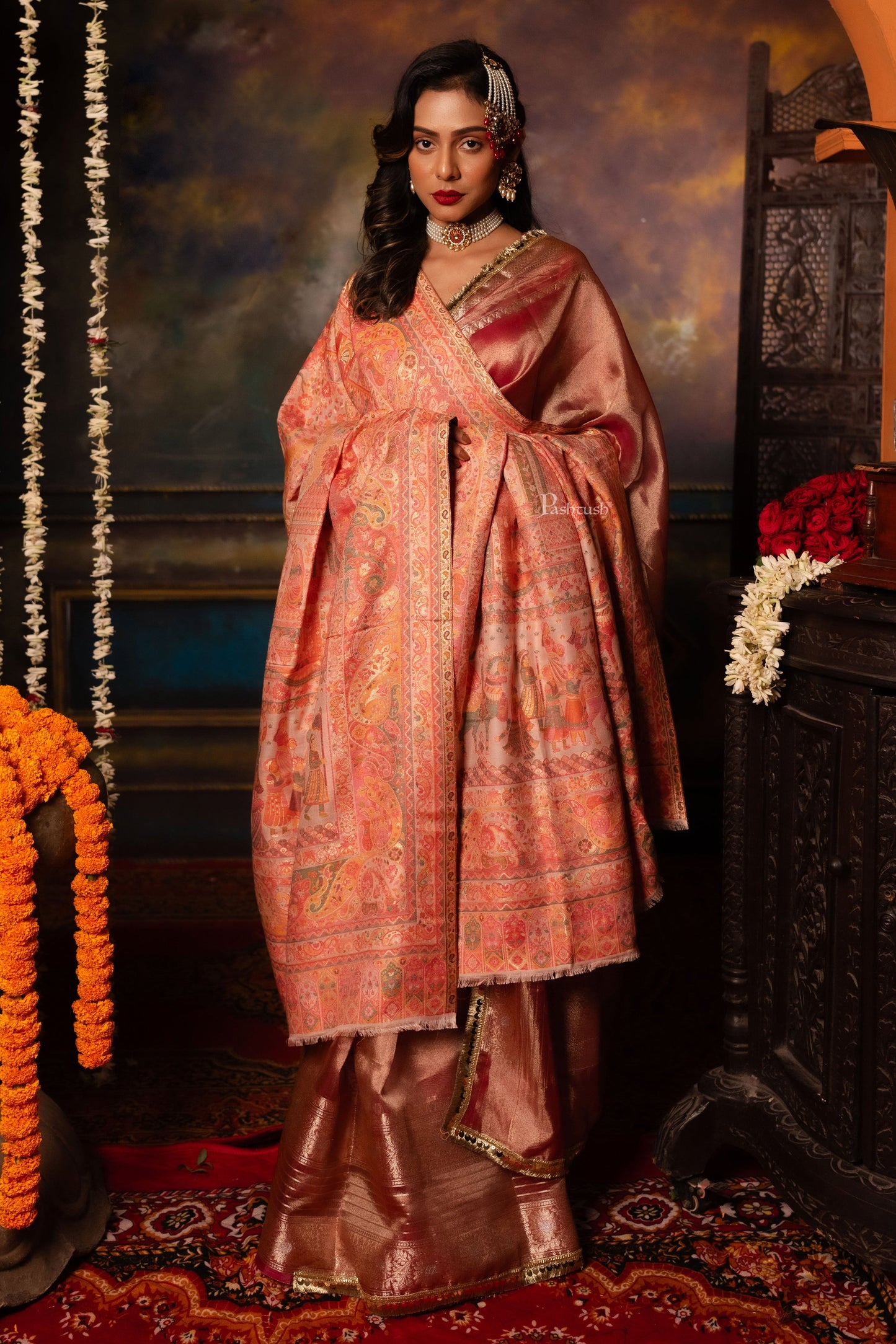 Pashtush India Womens Shawls Pashtush Womens Faux Pashmina Shawl, Pailsey Weave Design, Peach