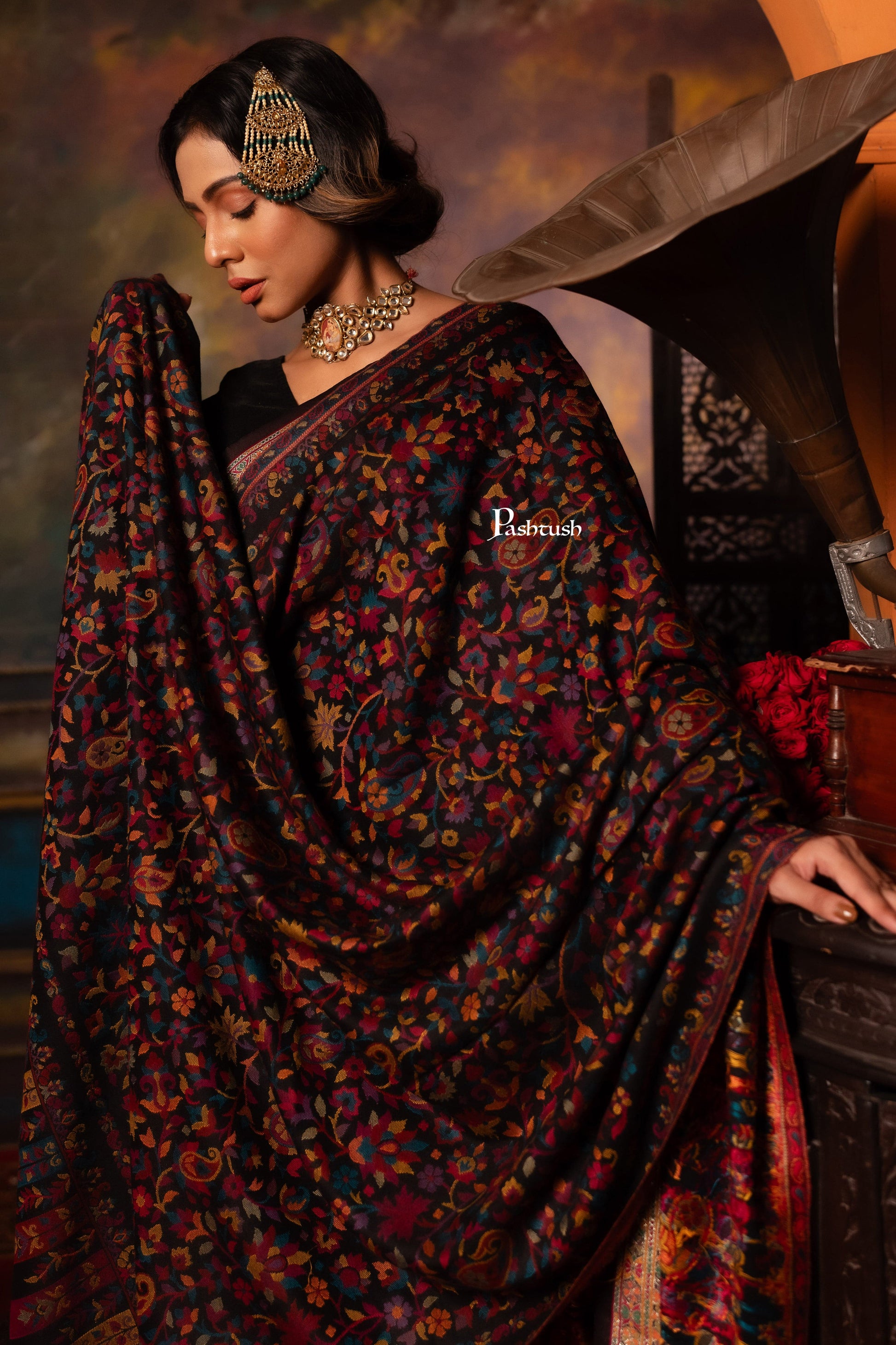 Pashtush India Womens Shawls Pashtush Womens Faux Pashmina Shawl, Paisley Design, Black