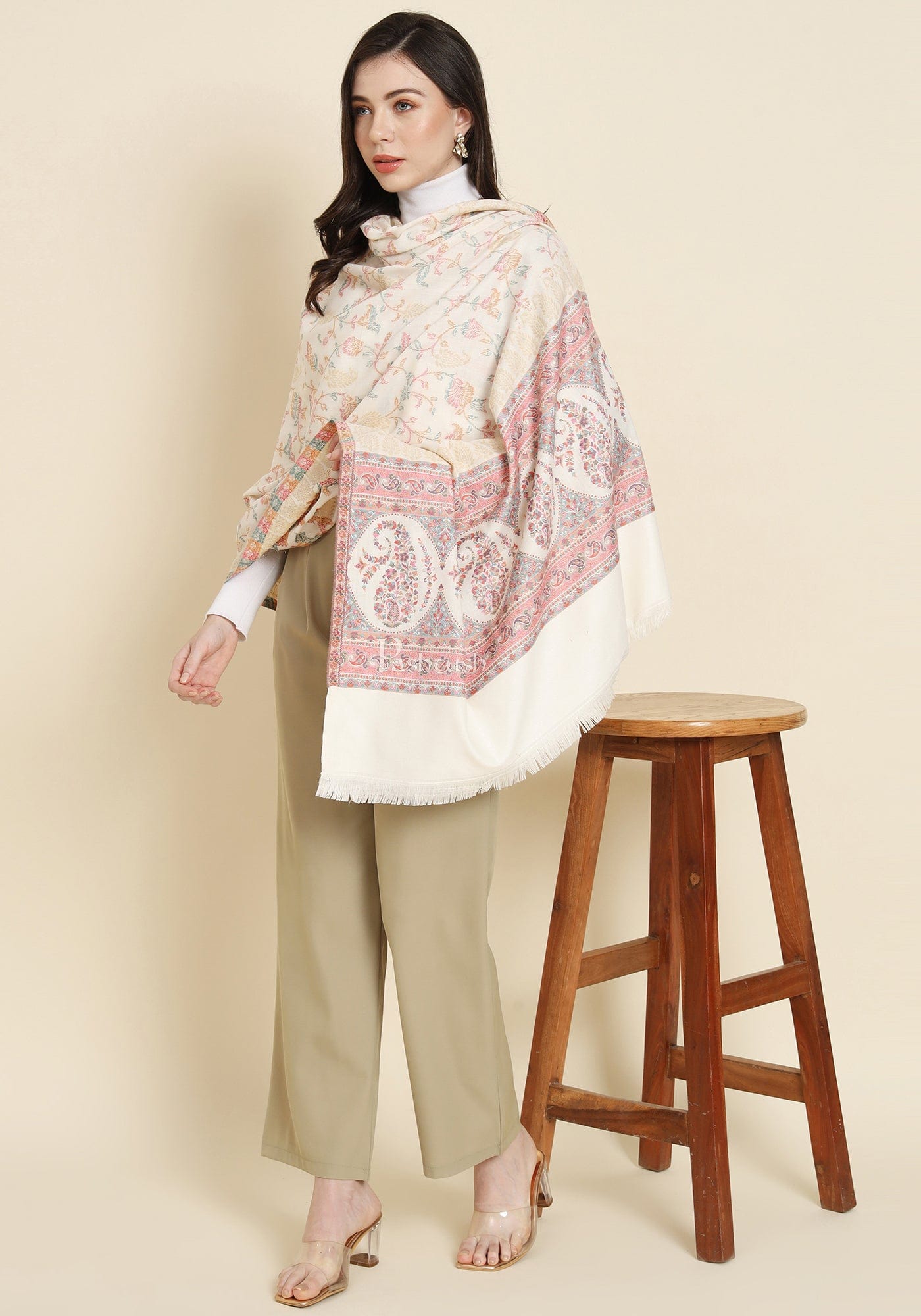 Pashtush India Womens Shawls Pashtush Womens Faux Pashmina Shawl, Paisley Weave With Zari Design, Ivory