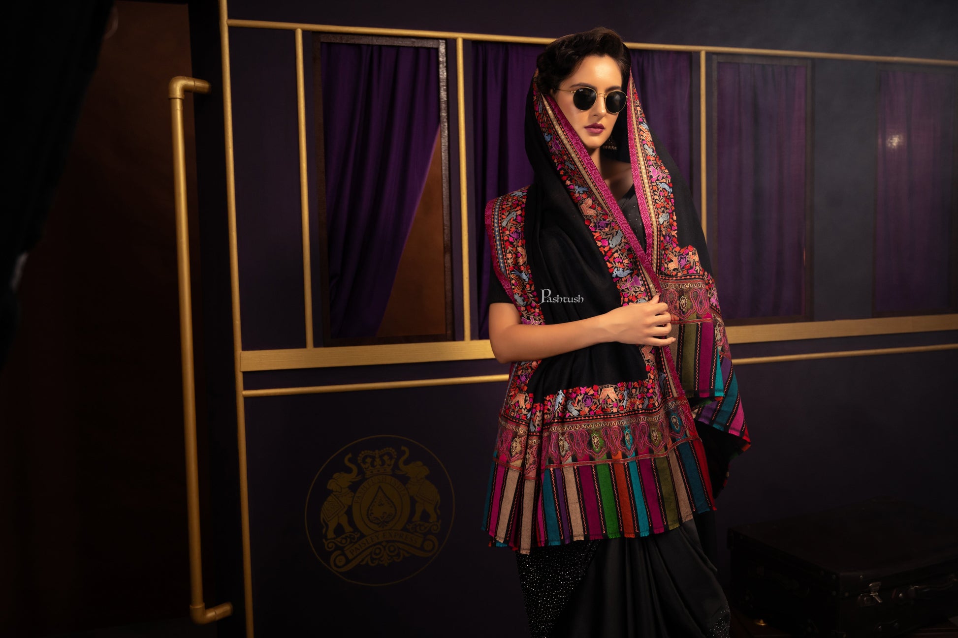 Pashtush India Womens Shawls Pashtush Womens Faux Pashmina Shawl, With Zari Design, Black