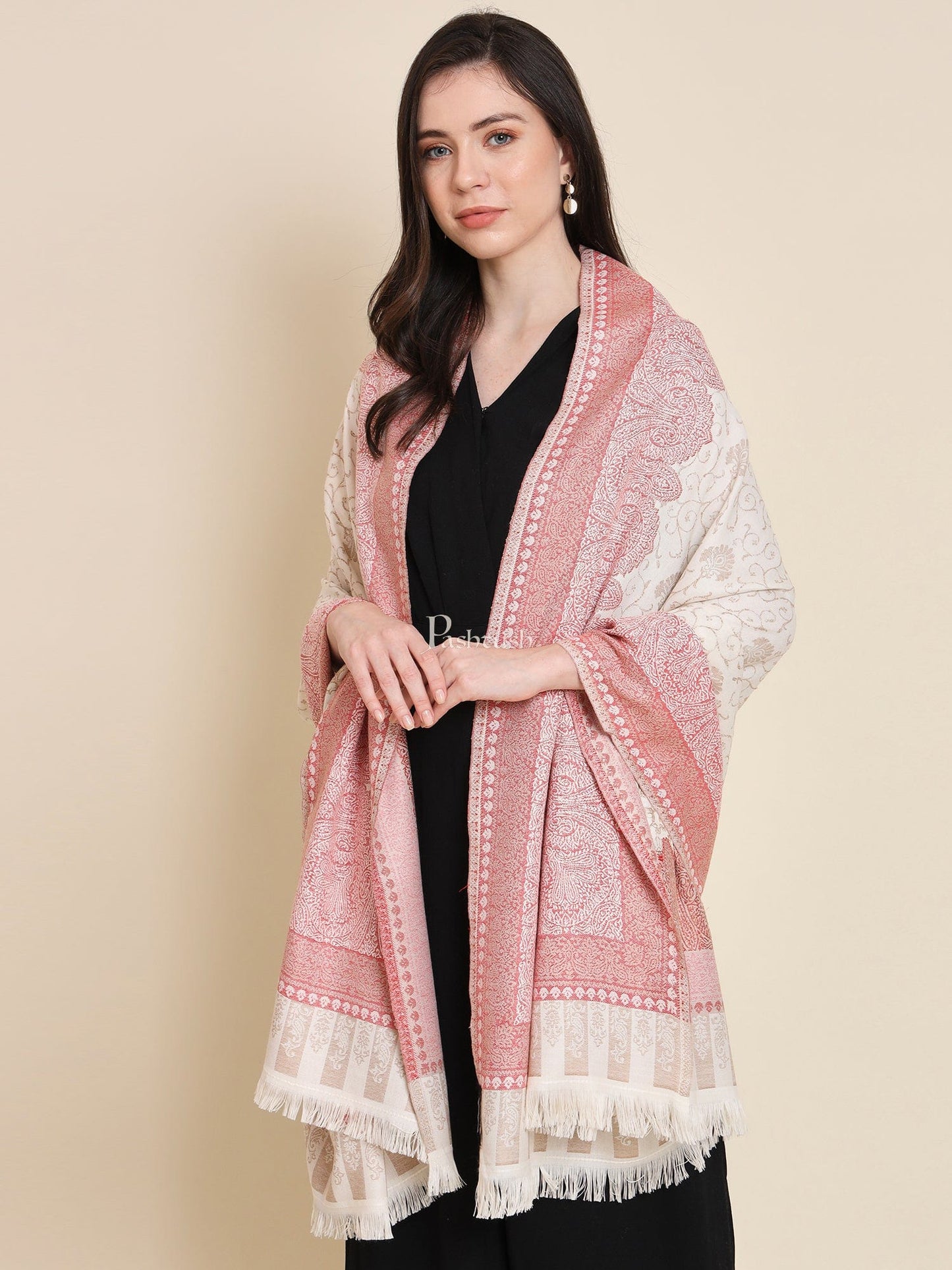Pashtush India Womens Shawls Pashtush Womens Faux Pashmina Shawl, Woven Floral Design, Beige