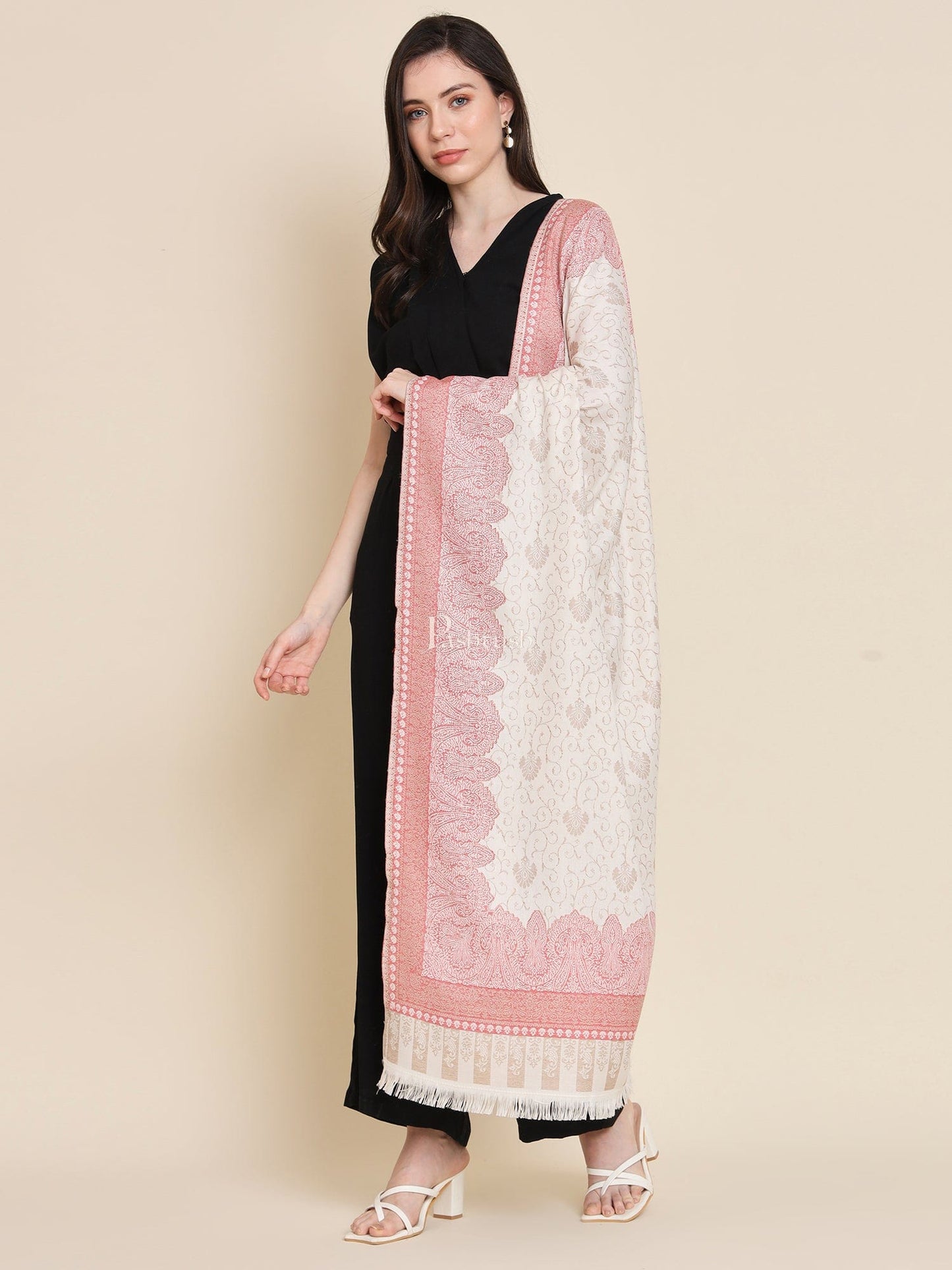 Pashtush India Womens Shawls Pashtush Womens Faux Pashmina Shawl, Woven Floral Design, Beige