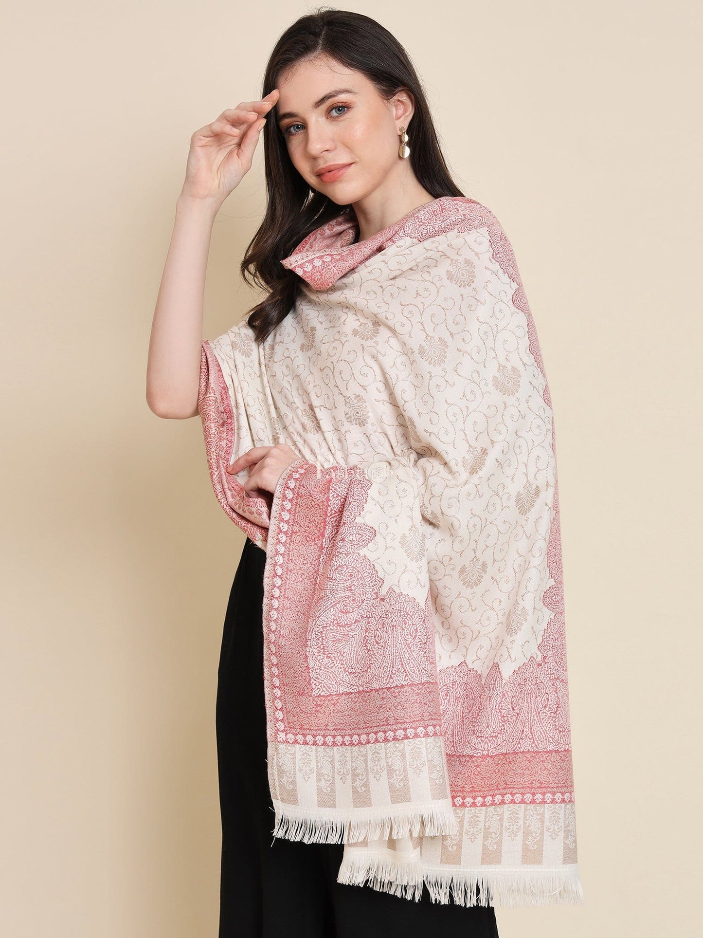 Pashtush India Womens Shawls Pashtush Womens Faux Pashmina Shawl, Woven Floral Design, Beige
