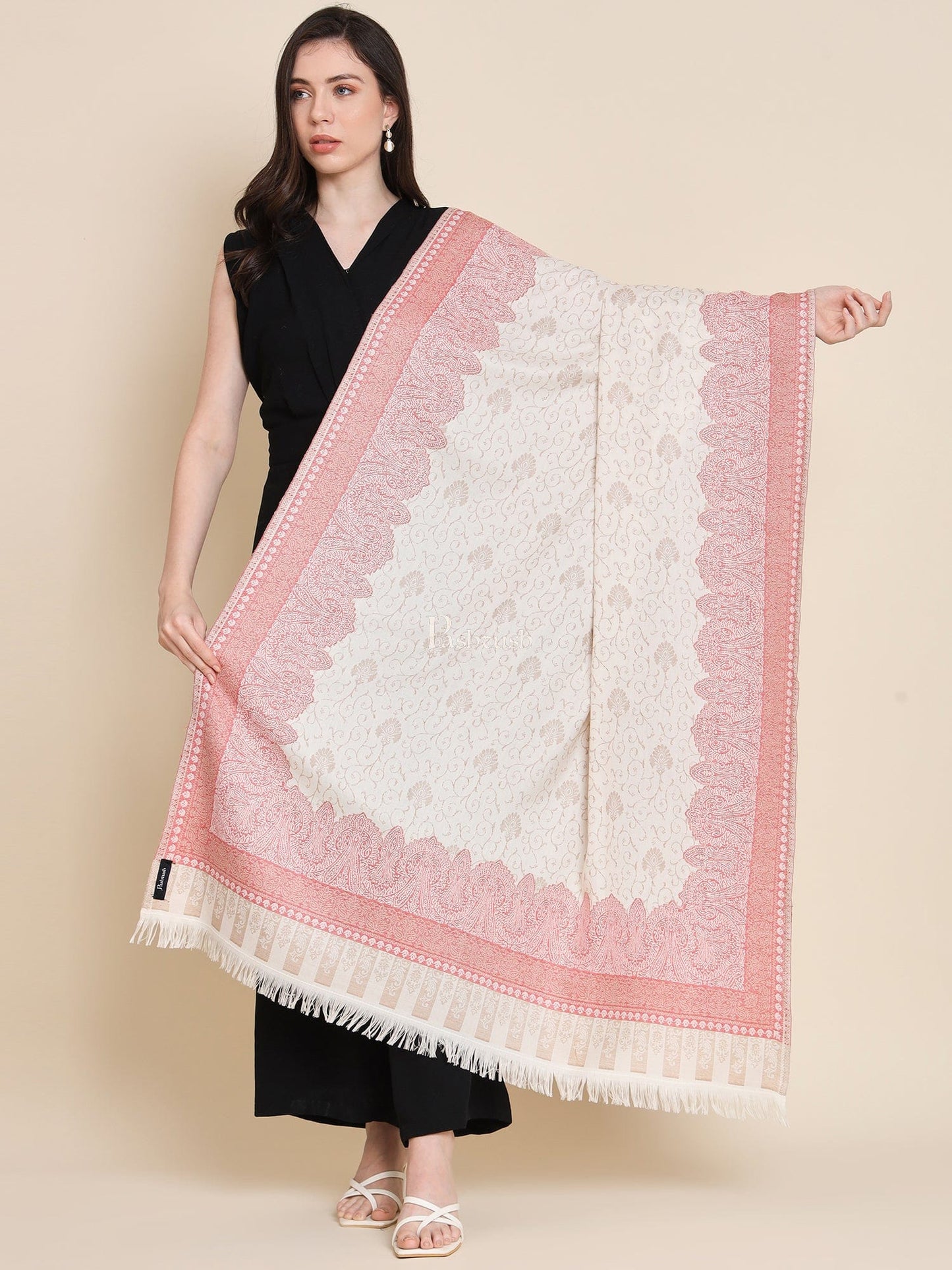 Pashtush India Womens Shawls Pashtush Womens Faux Pashmina Shawl, Woven Floral Design, Beige