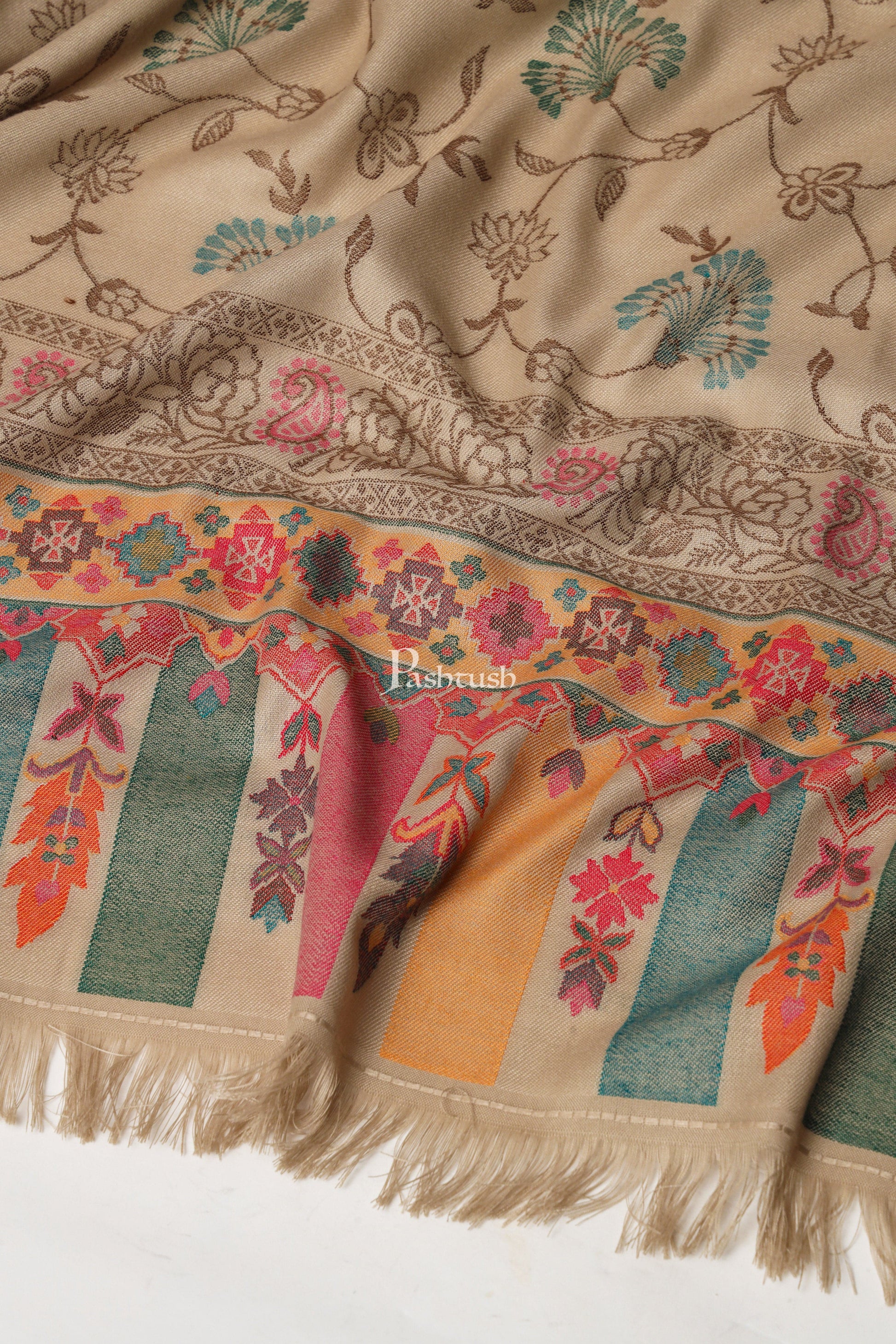 Pashtush India Womens Shawls Pashtush Womens Faux Pashmina Shawl, Woven Floral Design, Beige