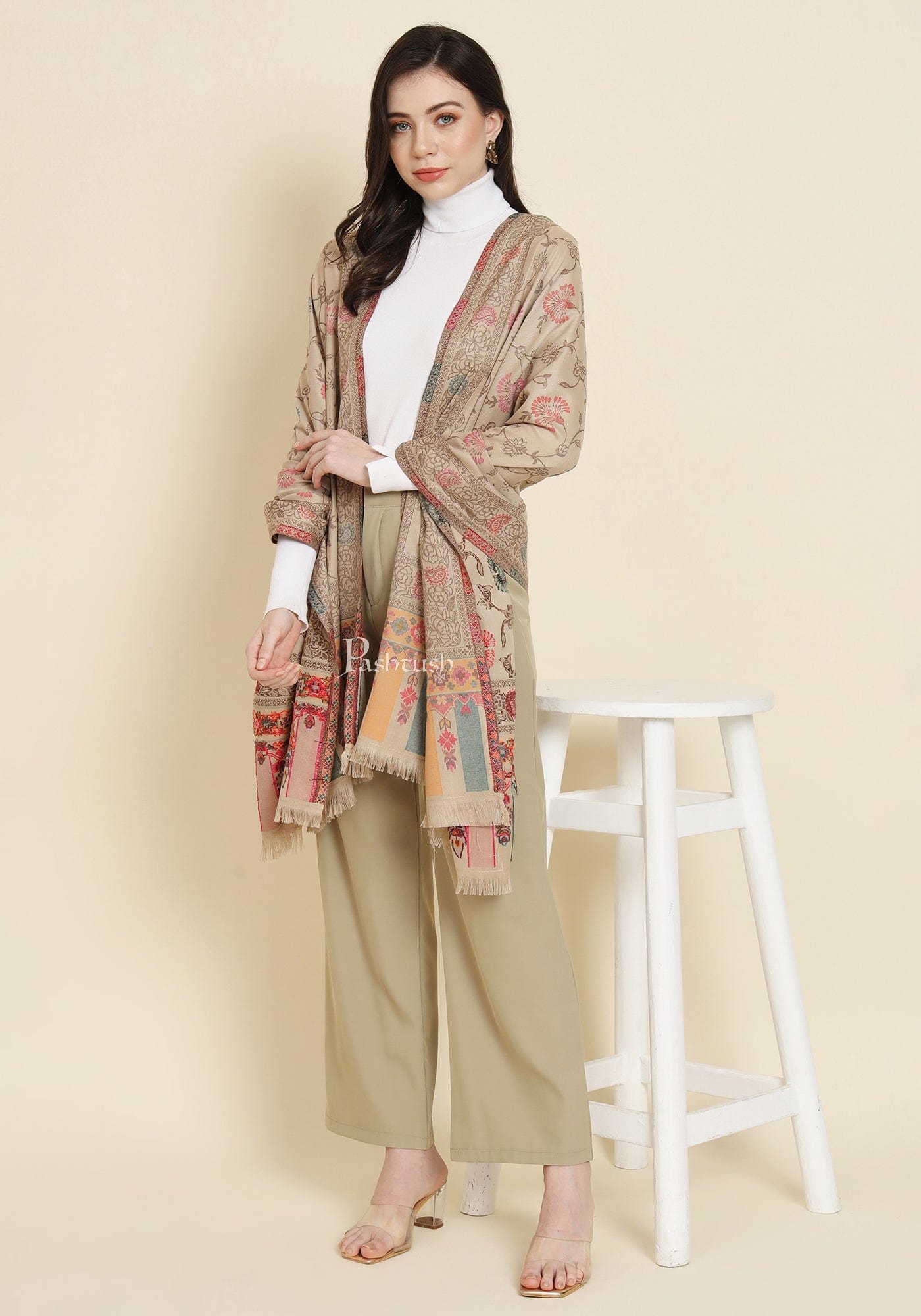 Pashtush India Womens Shawls Pashtush Womens Faux Pashmina Shawl, Woven Floral Design, Beige