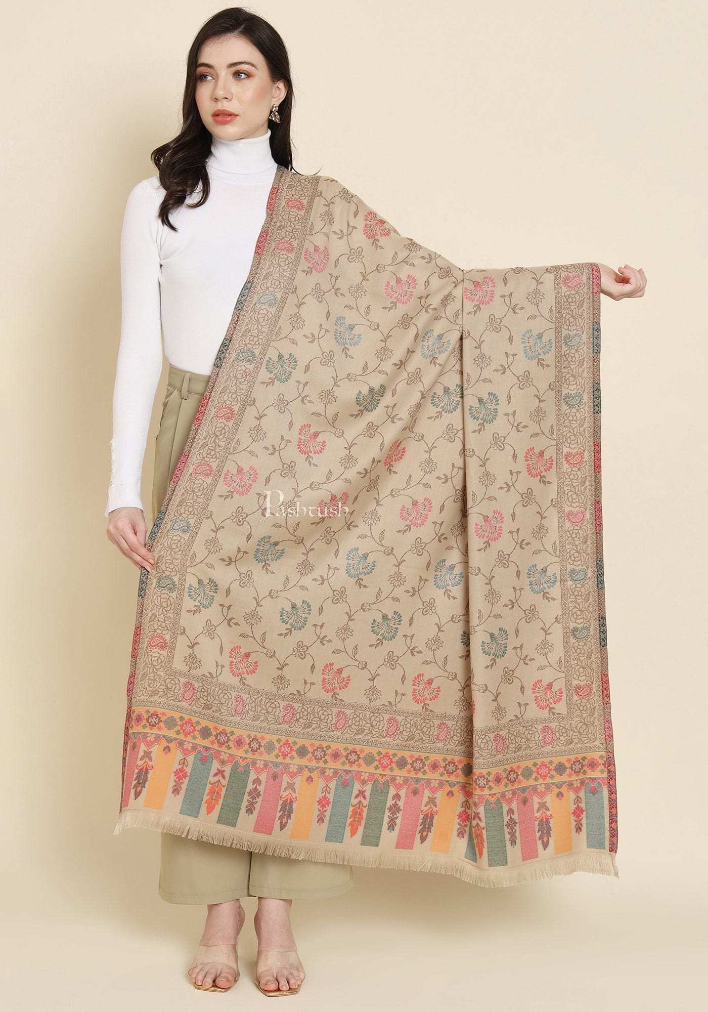 Pashtush India Womens Shawls Pashtush Womens Faux Pashmina Shawl, Woven Floral Design, Beige