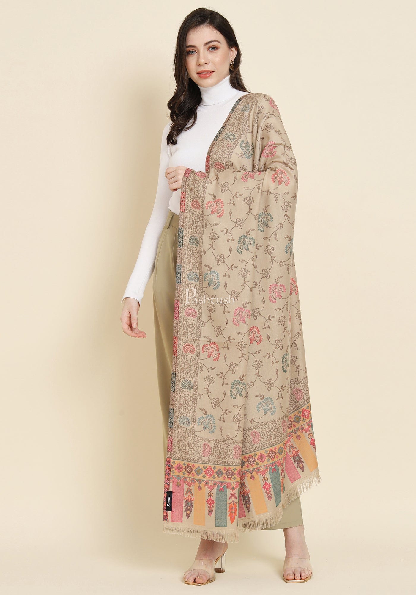 Pashtush India Womens Shawls Pashtush Womens Faux Pashmina Shawl, Woven Floral Design, Beige