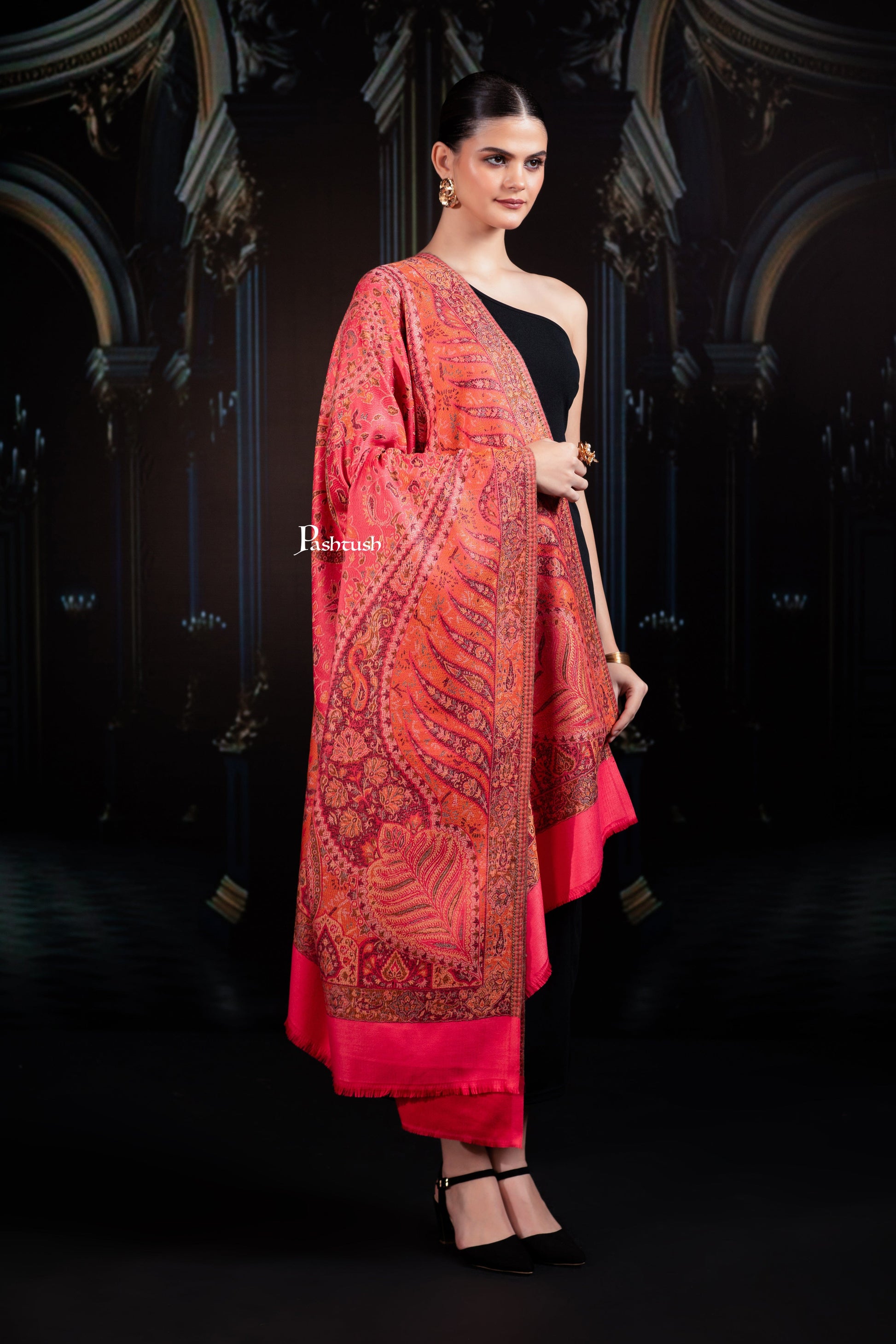 Pashtush India womens scarf and Stoles Pashtush Womens Faux Pashmina Shawl, Woven Jamawar Design, Neon Pink