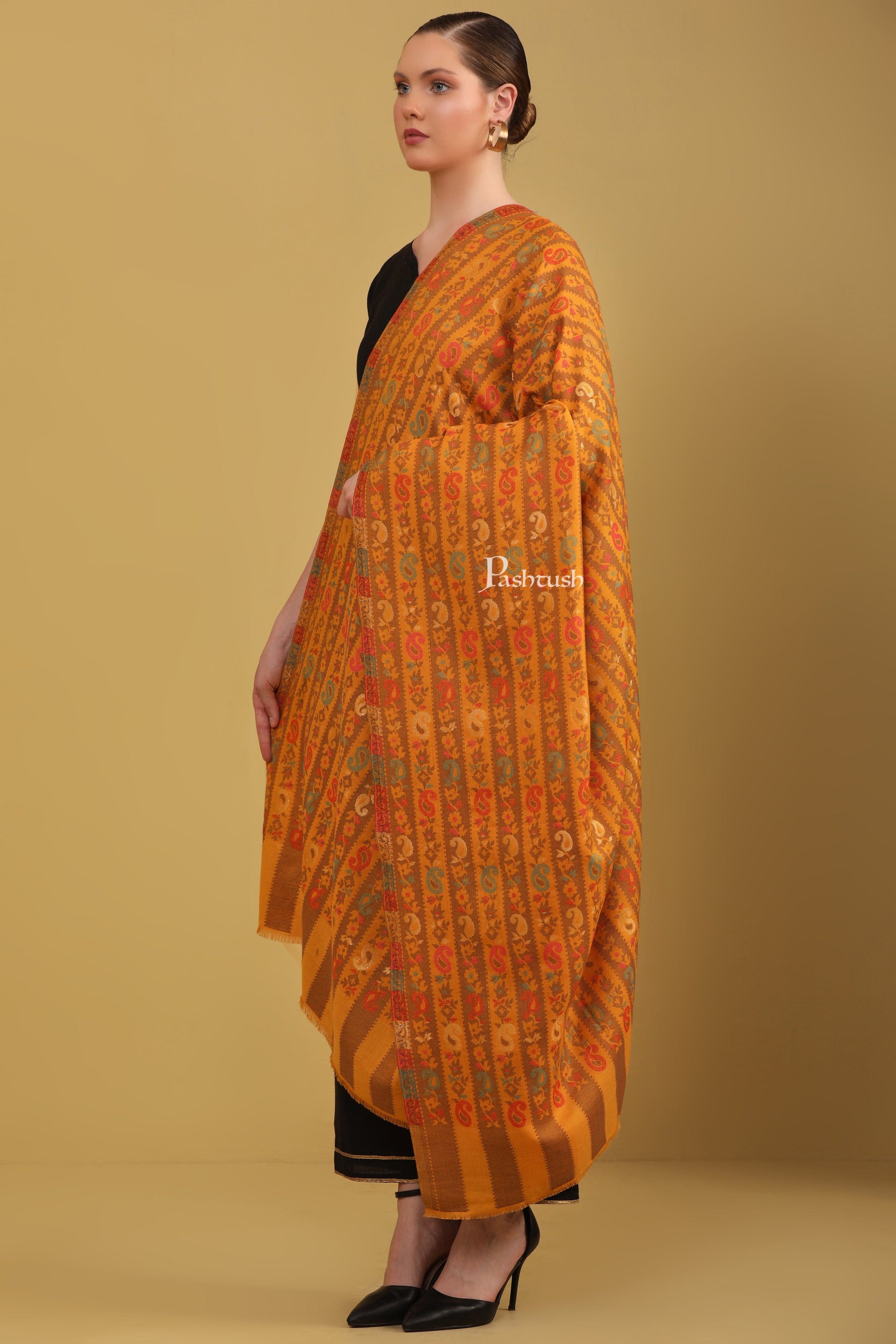 Pashtush India Womens Shawls Pashtush Womens Faux Pashmina Shawl, Woven Striped Weave With Metallic Threads, Mustard