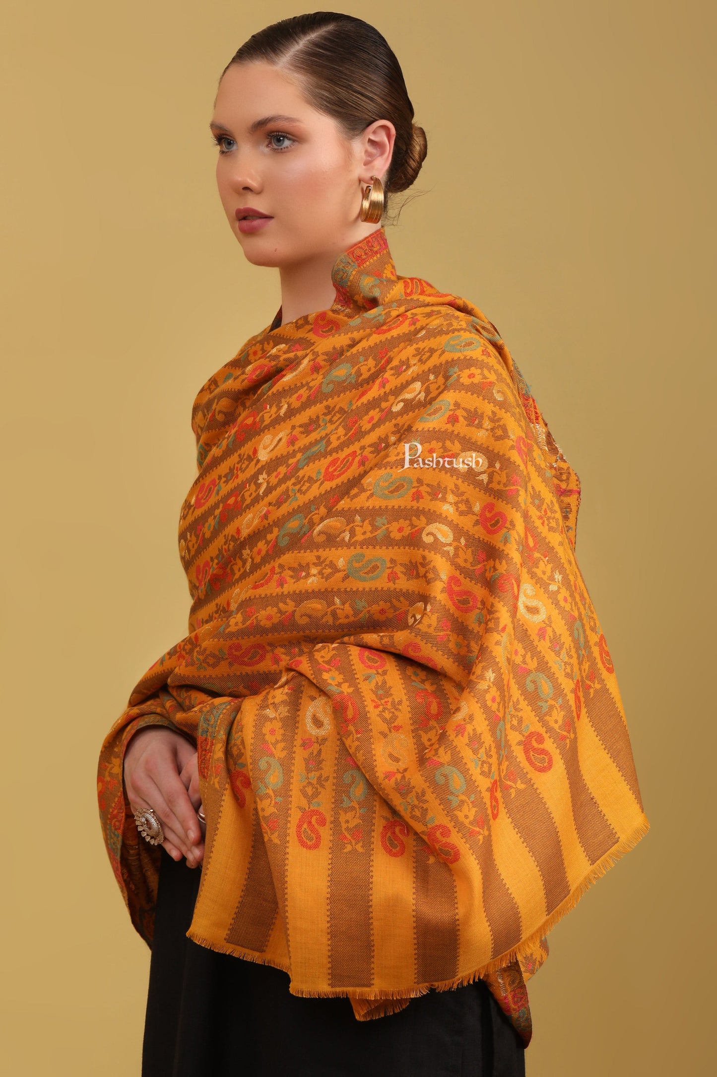 Pashtush India Womens Shawls Pashtush Womens Faux Pashmina Shawl, Woven Striped Weave With Metallic Threads, Mustard