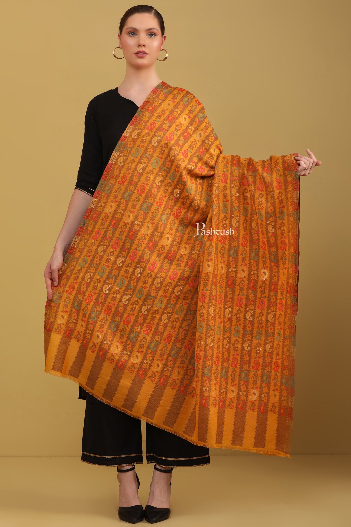 Pashtush India Womens Shawls Pashtush Womens Faux Pashmina Shawl, Woven Striped Weave With Metallic Threads, Mustard
