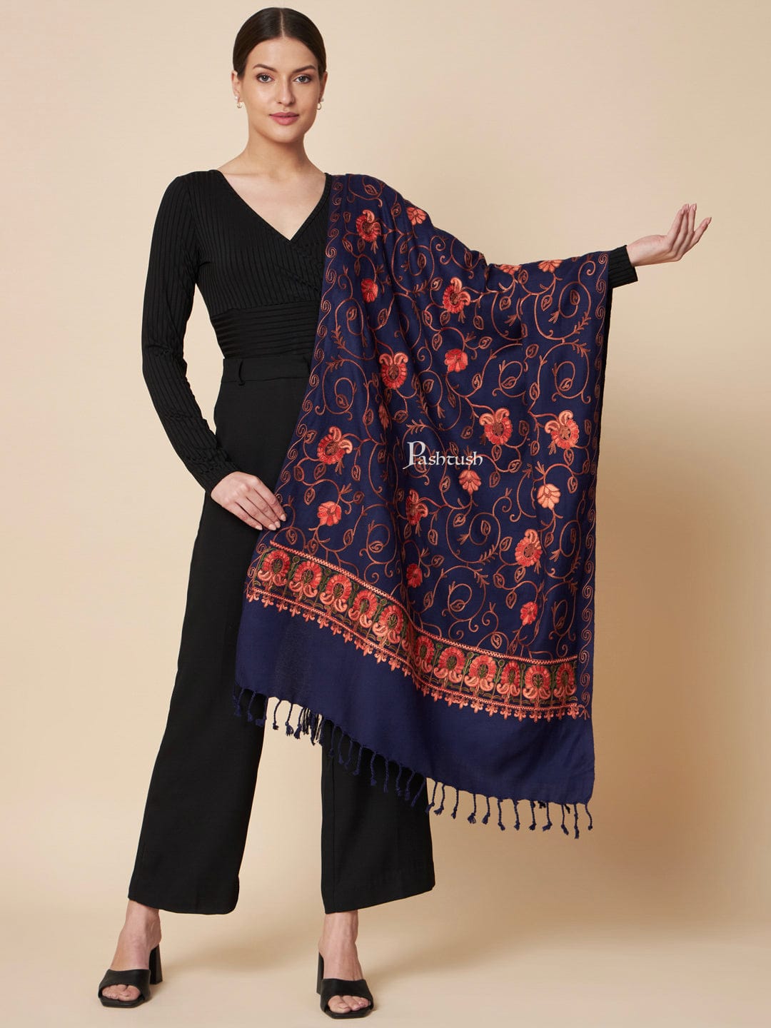 Pashtush India Womens Stoles and Scarves Scarf Pashtush Womens Faux Pashmina Stole, Aari Embroidery Design, Blue