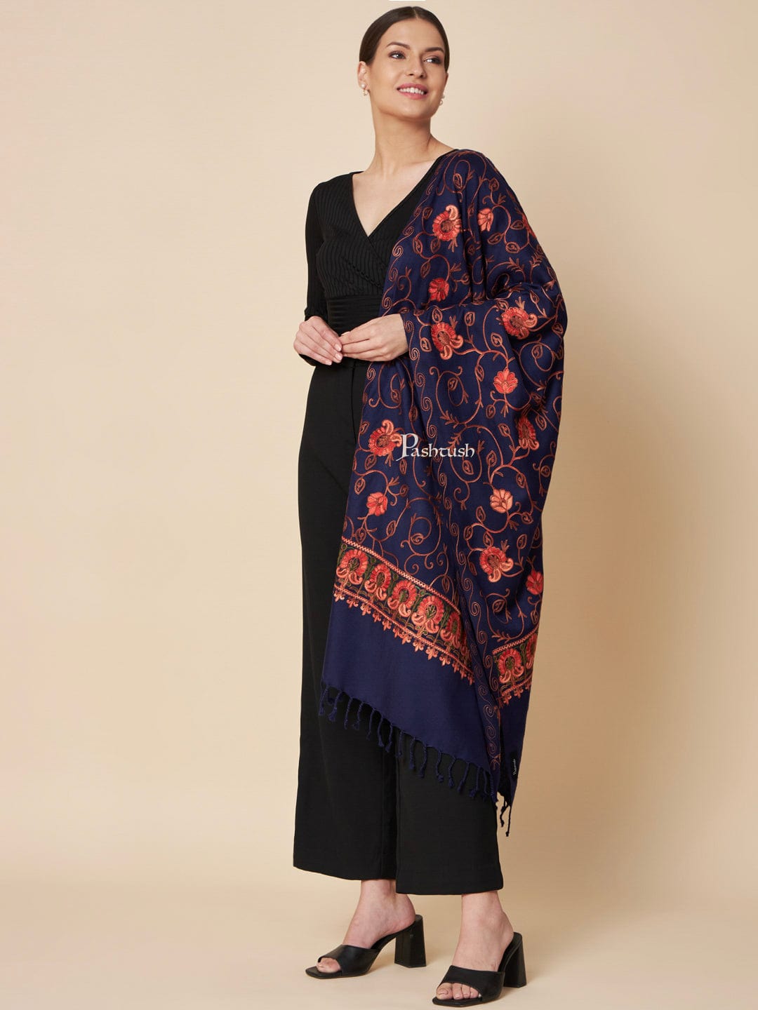 Pashtush India Womens Stoles and Scarves Scarf Pashtush Womens Faux Pashmina Stole, Aari Embroidery Design, Blue