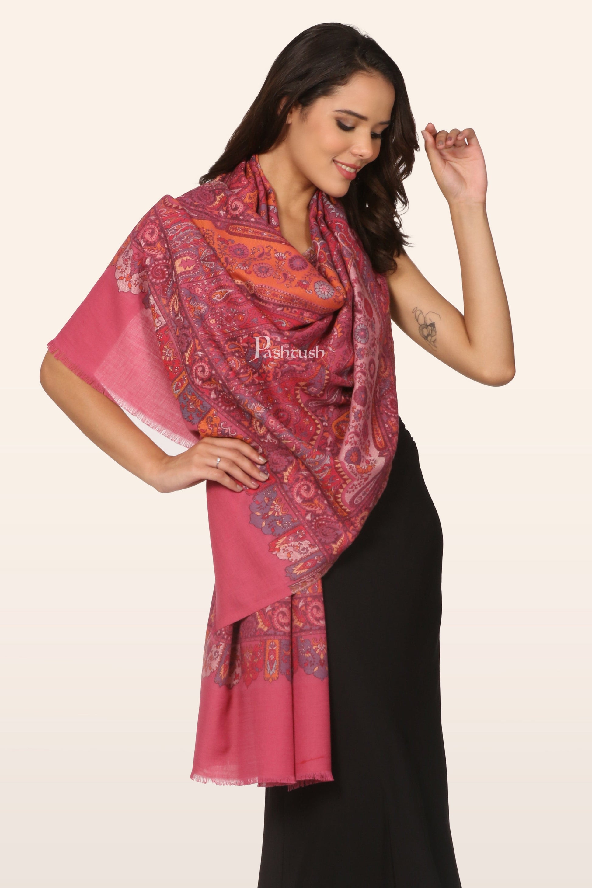 Pashtush India womens scarf and Stoles Pashtush Womens Faux Pashmina Stole, Ethnic Weave Design, Bright Pink