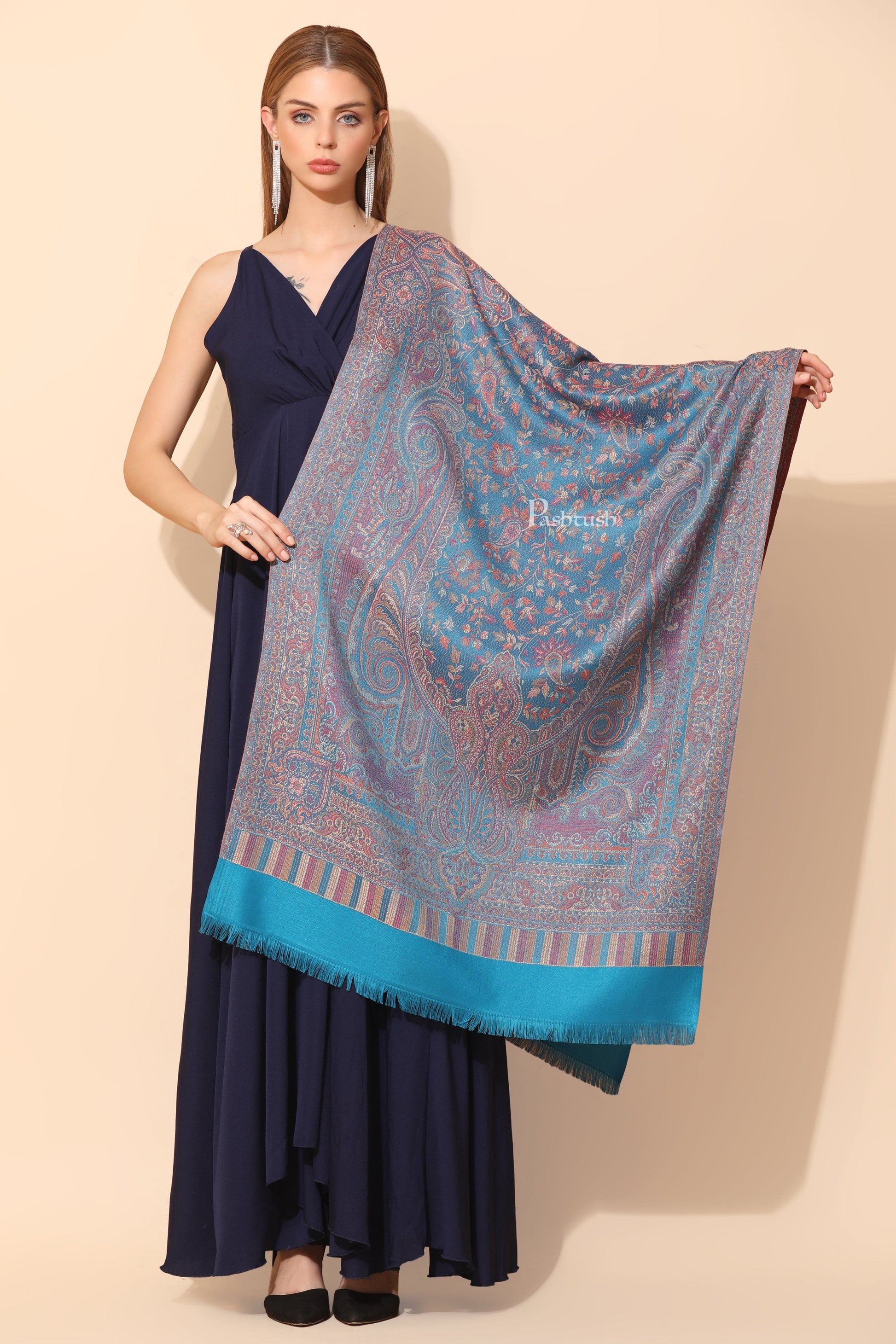 Pashtush India Womens Stoles Pashtush Womens Faux Pashmina Stole, Pasiley Design, Arabic Sea Blue