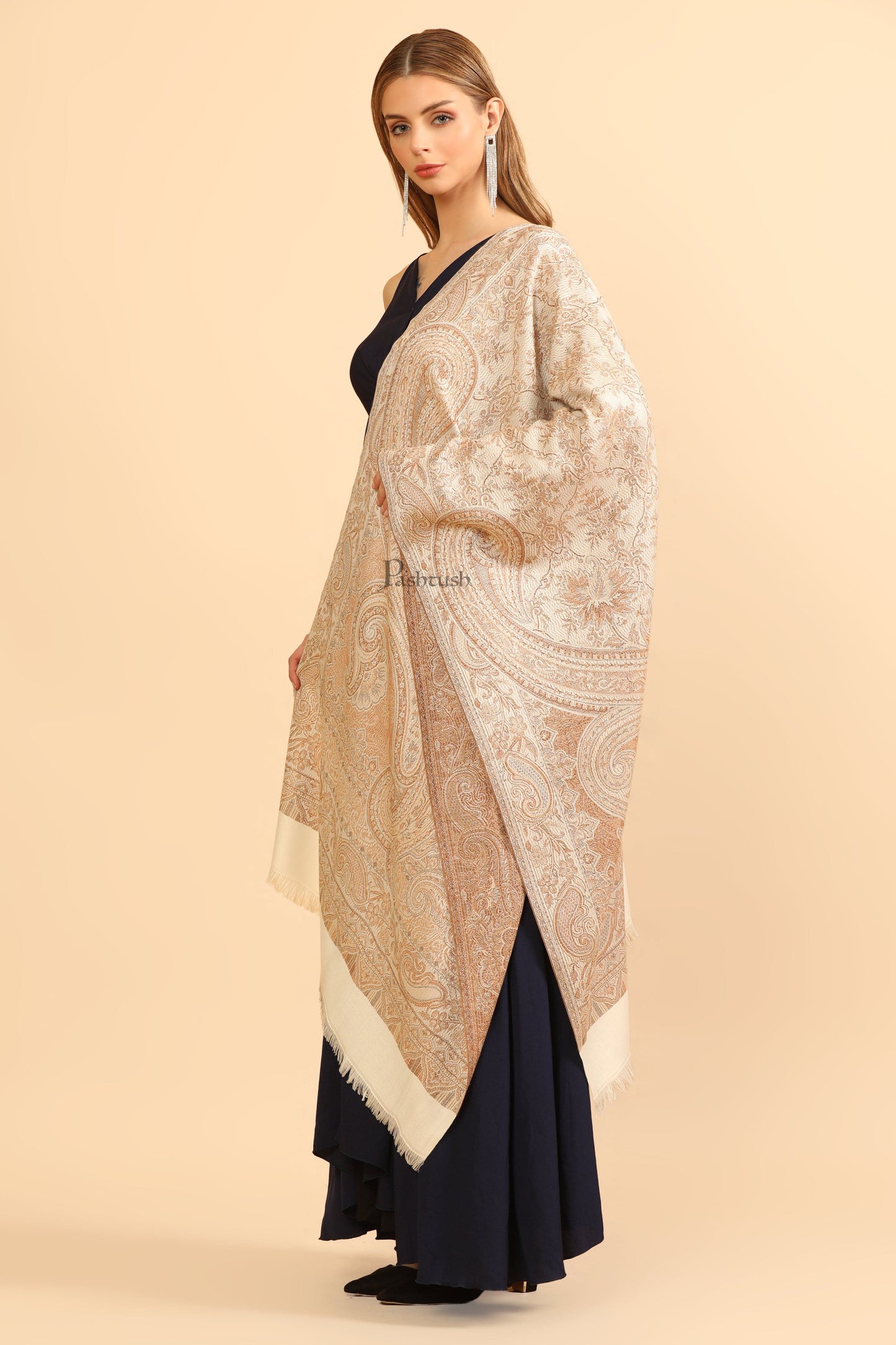 Pashtush India Womens Stoles Pashtush Womens Faux Pashmina Stole, Pasiley Design, Ivory