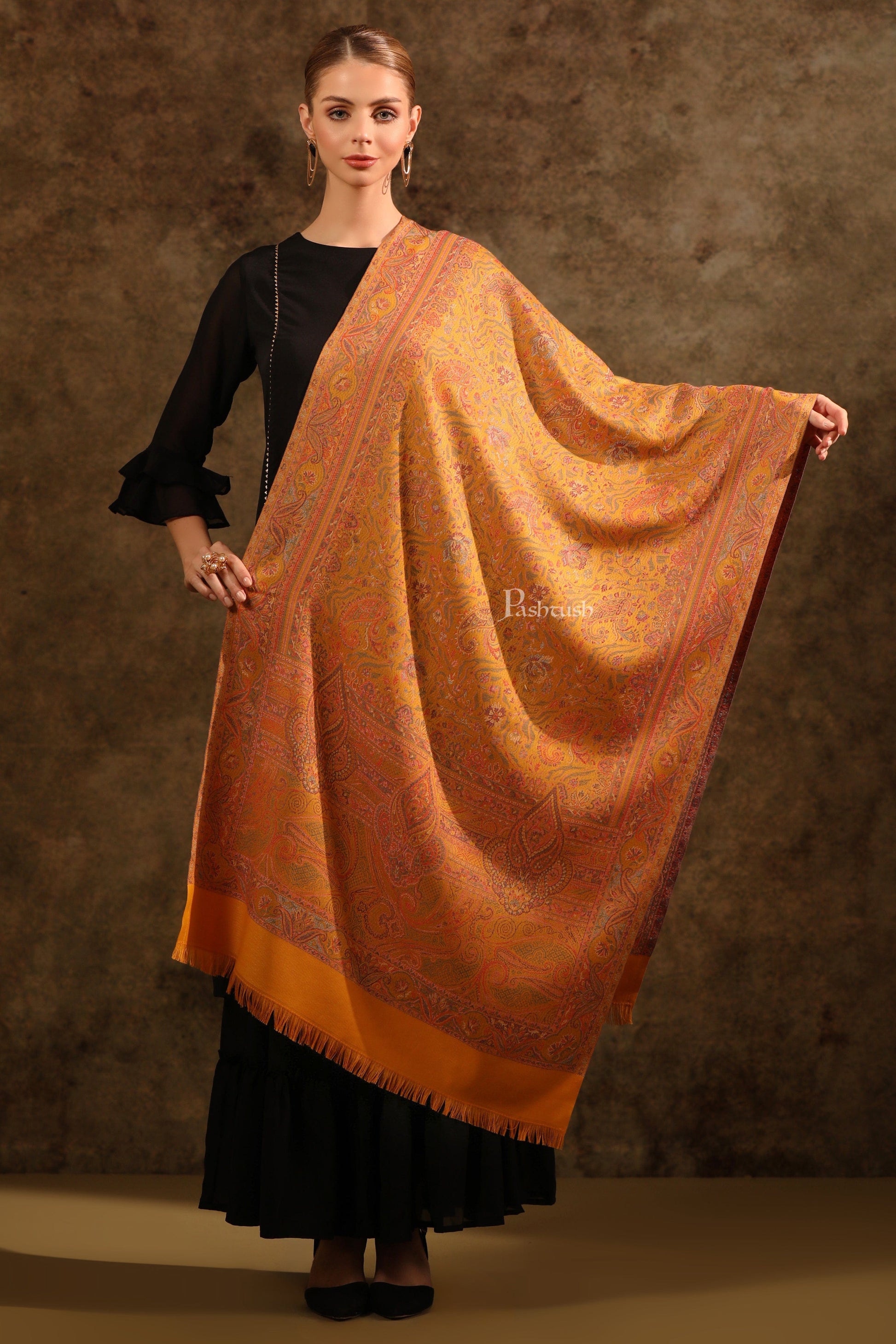 Pashtush India Womens Stoles Pashtush Womens Faux Pashmina Stole, Pasiley Design, Mustard