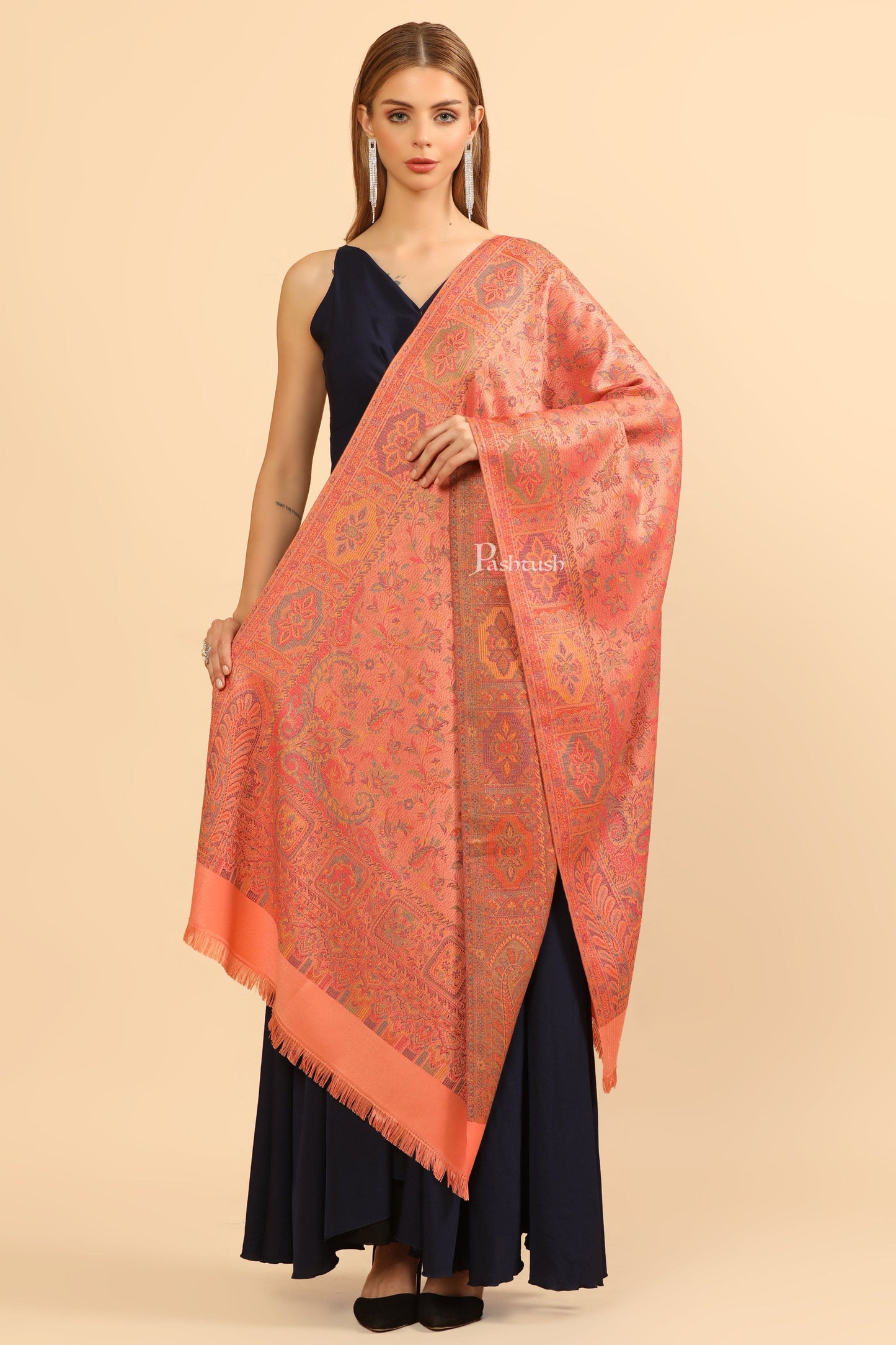 Pashtush India Womens Stoles Pashtush Womens Faux Pashmina Stole, Pasiley Design, Peach